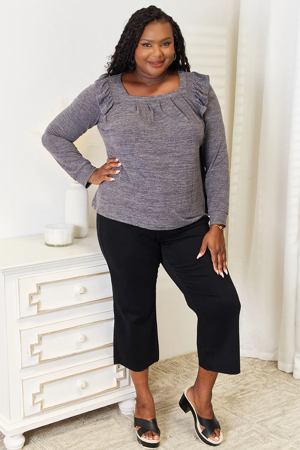 Square Neck Ruffle Shoulder Long Sleeve T-Shirt, image 13