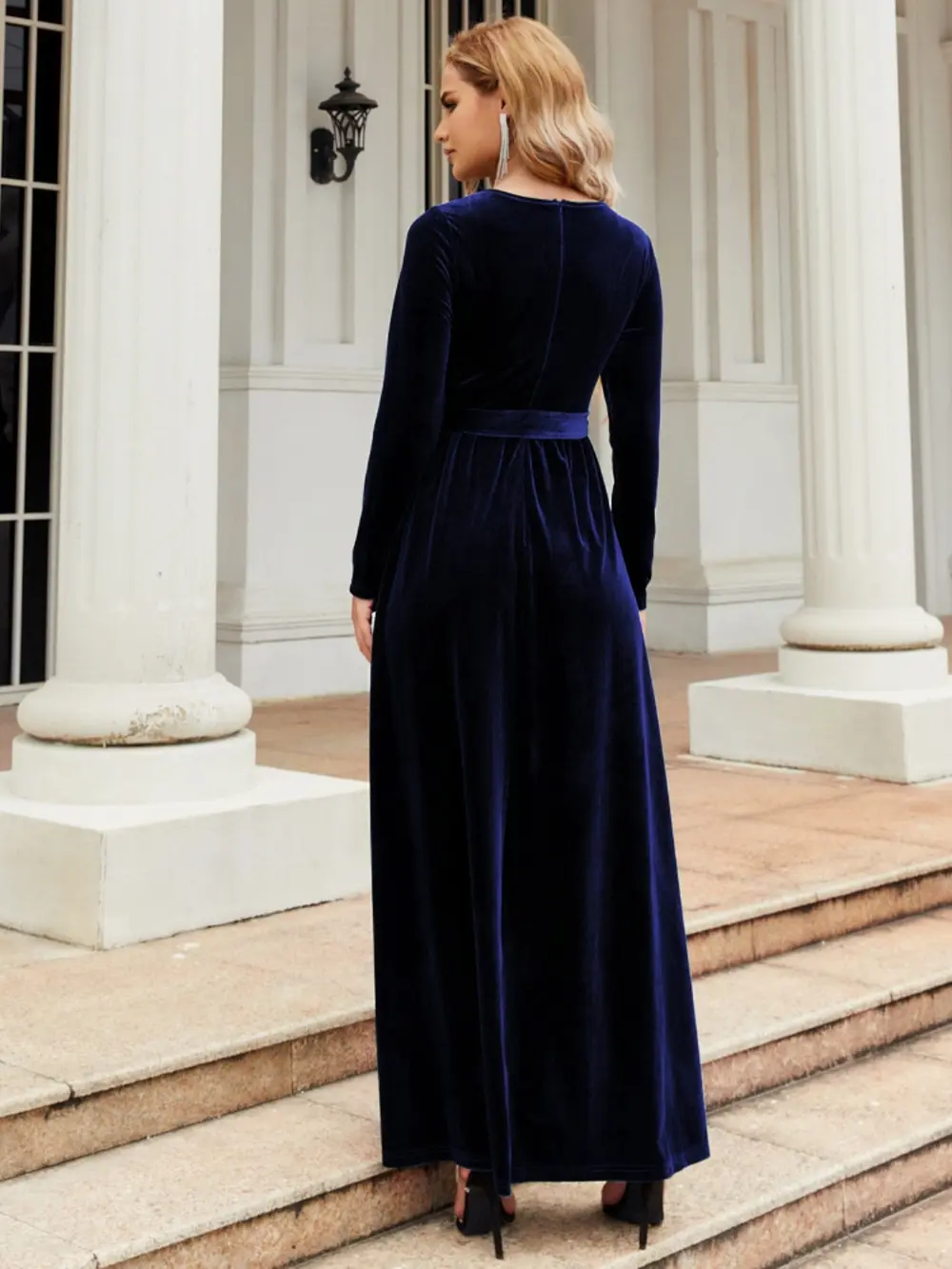 Tie Front Round Neck Long Sleeve Maxi Dress, image 4