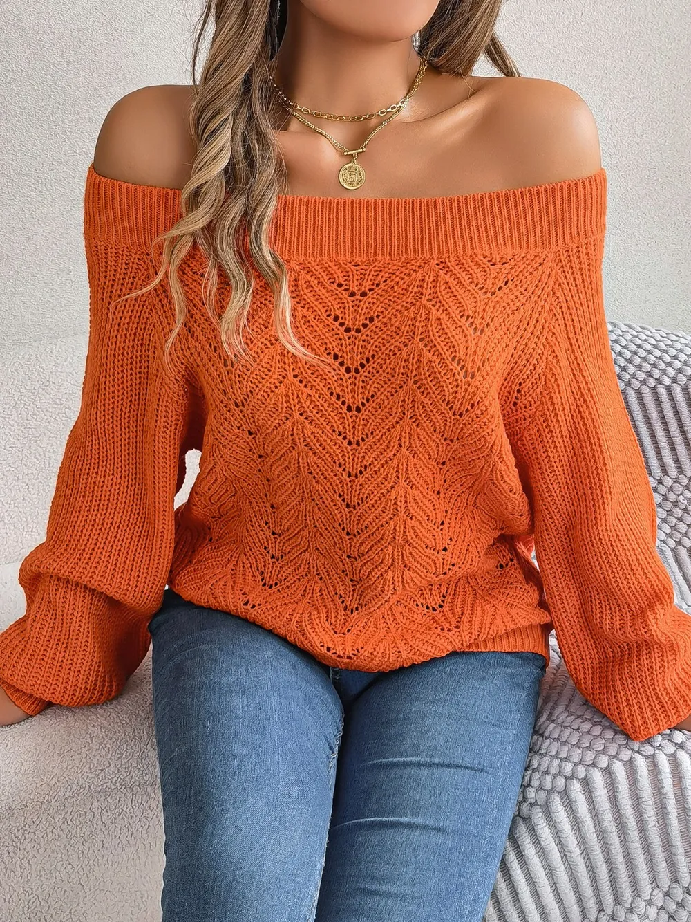 Openwork Off-Shoulder Long Sleeve Sweater, image 12