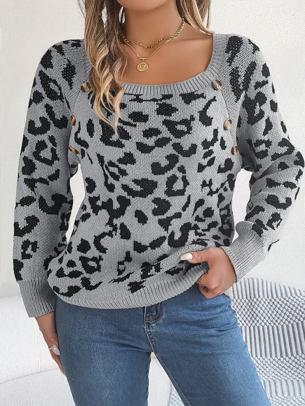 Leopard Buttoned Square Neck Sweater, image 14