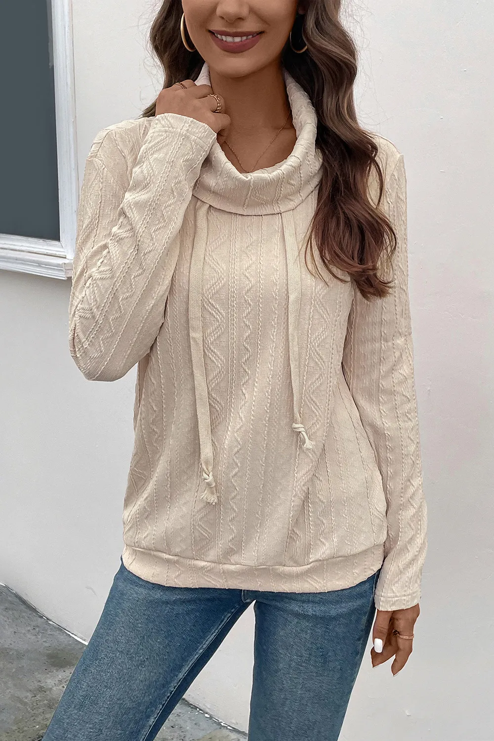 Tied Mock Neck Long Sleeve Knit Top, image 4