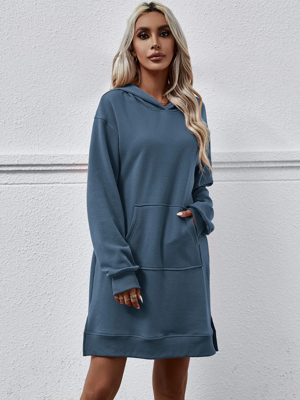 Slit Long Sleeve Hooded Dress with Pocket, image 17