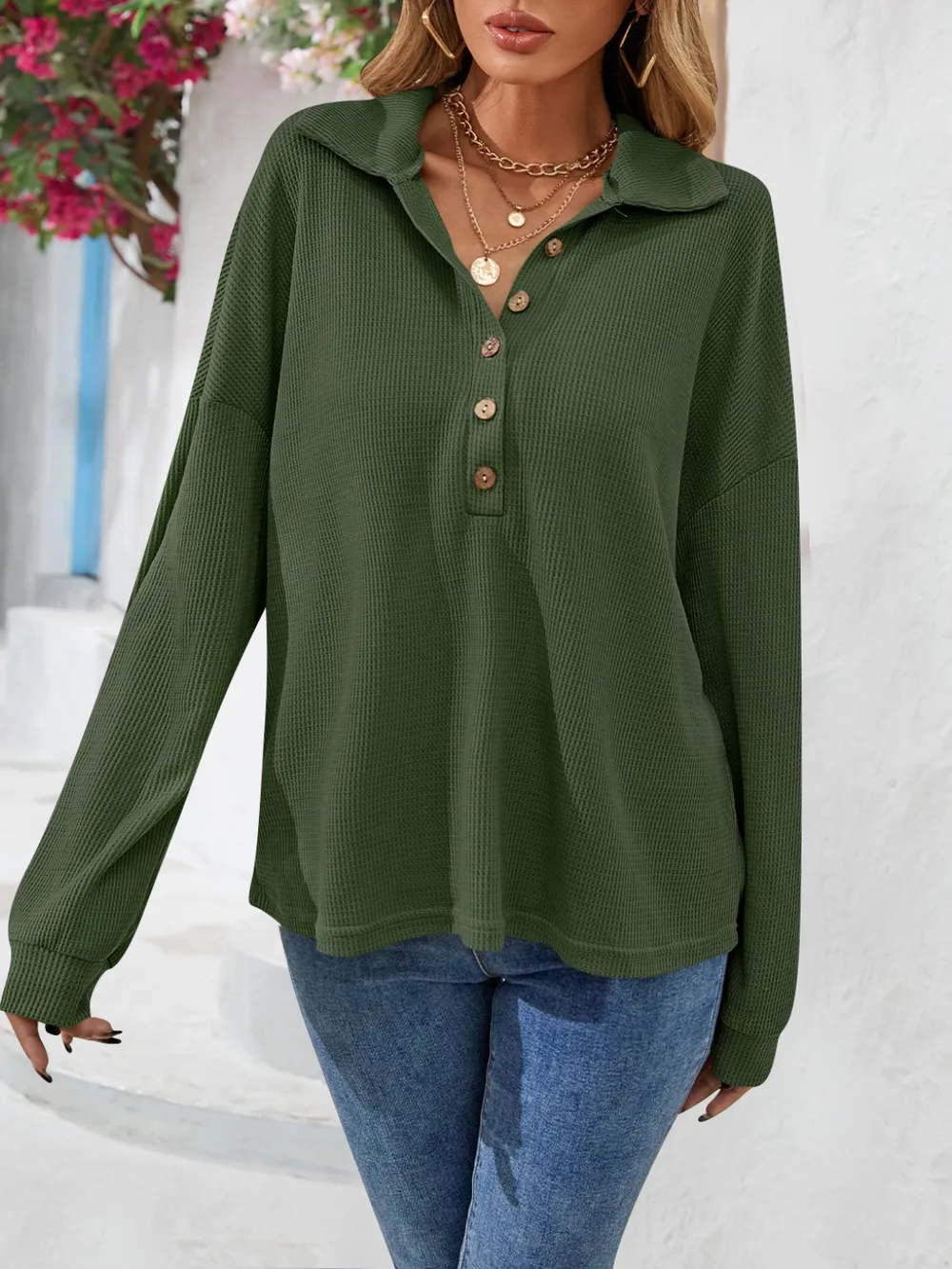 Half Button Collared Neck Long Sleeve Top, image 8