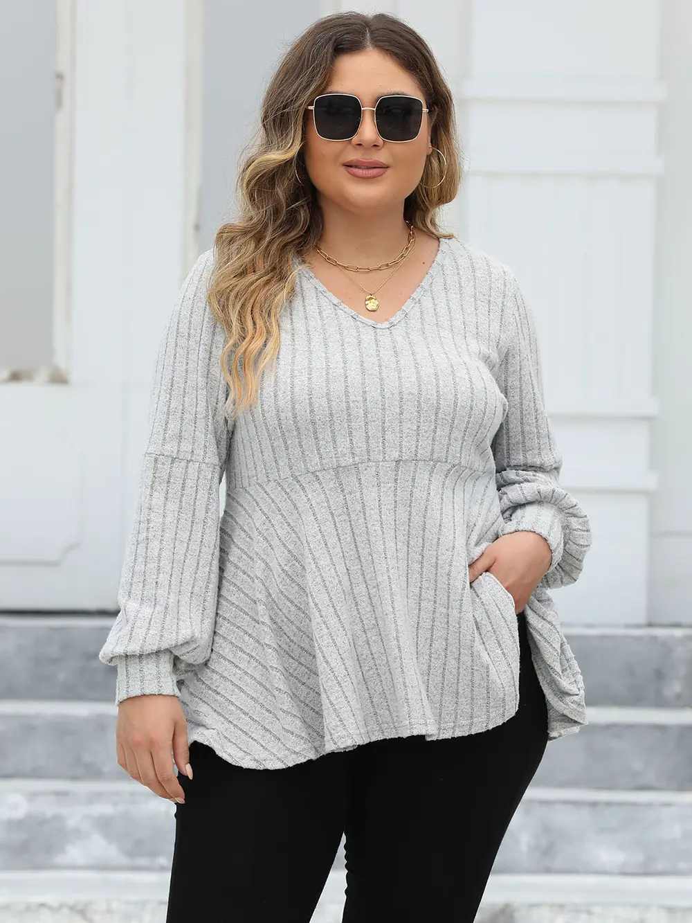 Plus Size Ribbed V-Neck Long Sleeve Blouse, image 5