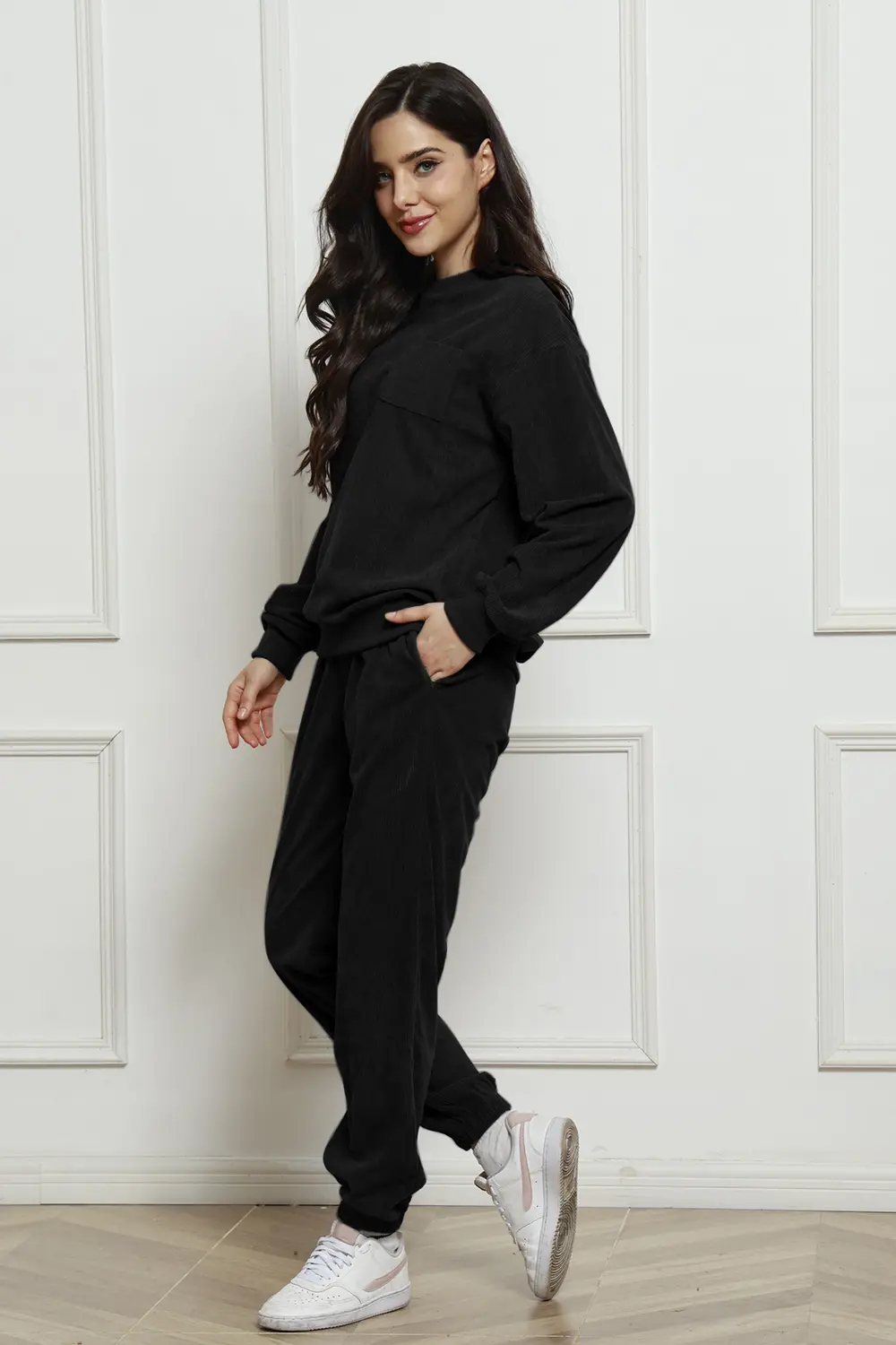 Corduroy Round Neck Sweatshirt and Sweatpants Set, image 20