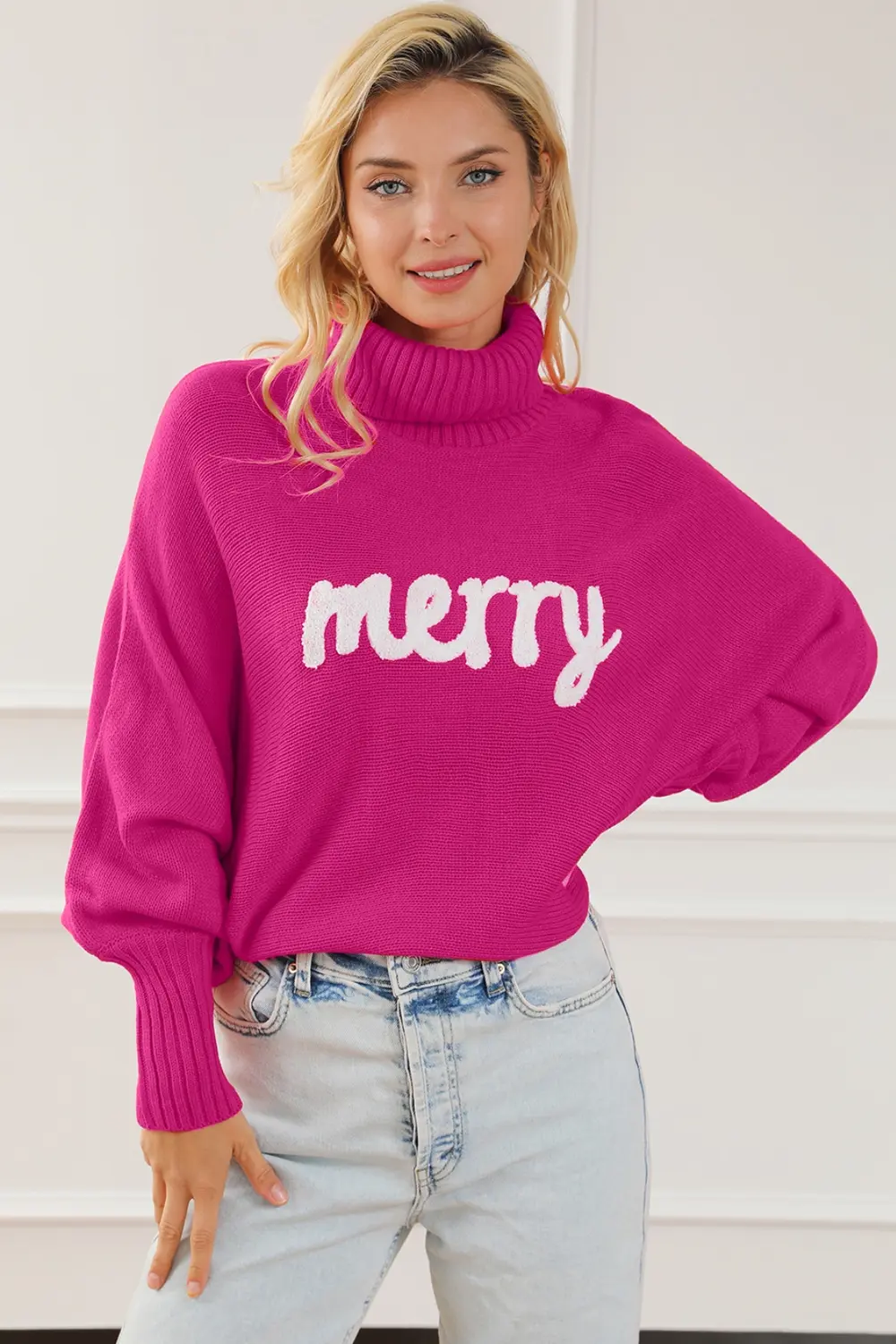 Merry Letter Embroidered High Neck Sweater, image 3