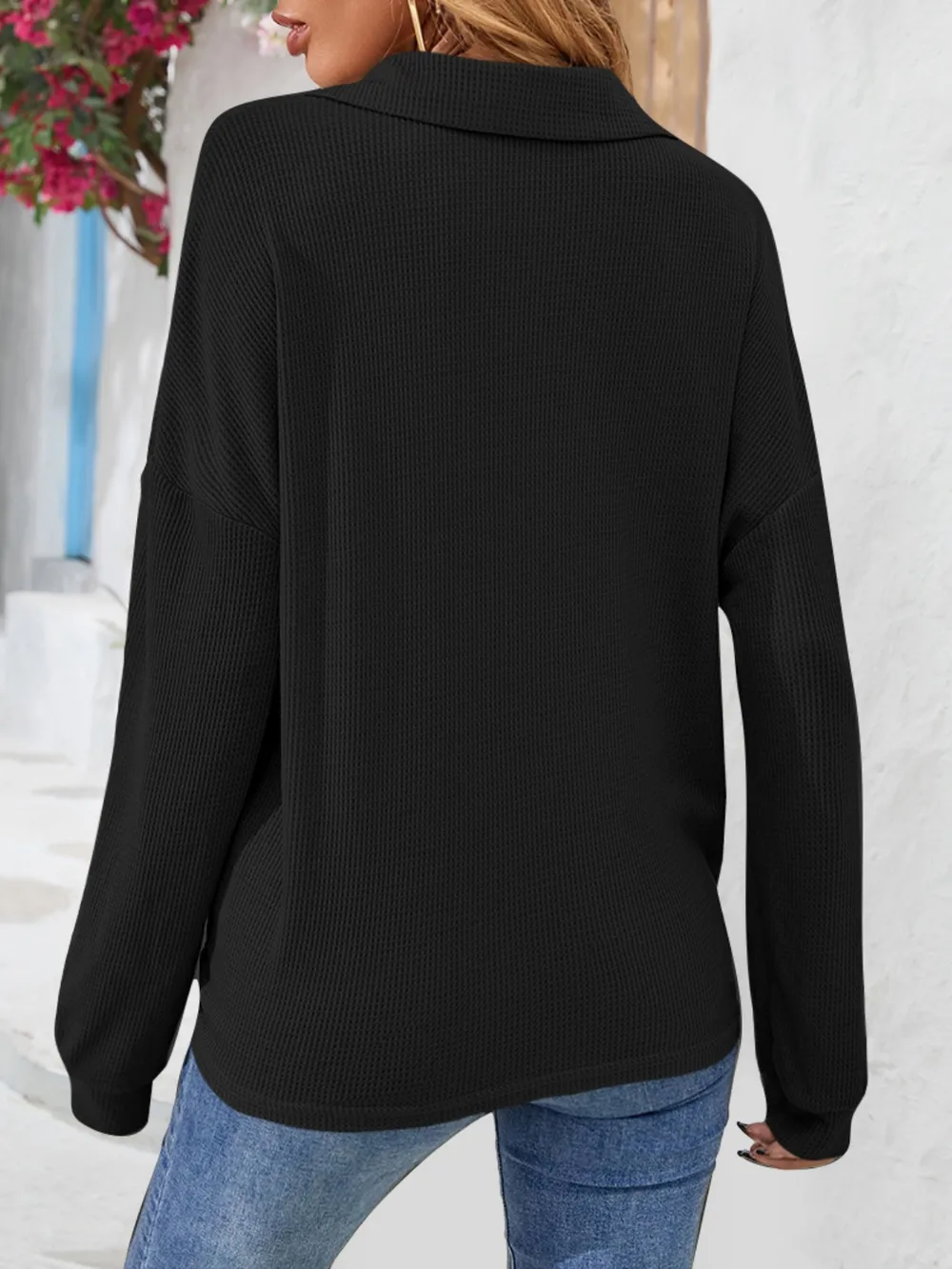 Half Button Collared Neck Long Sleeve Top, image 6