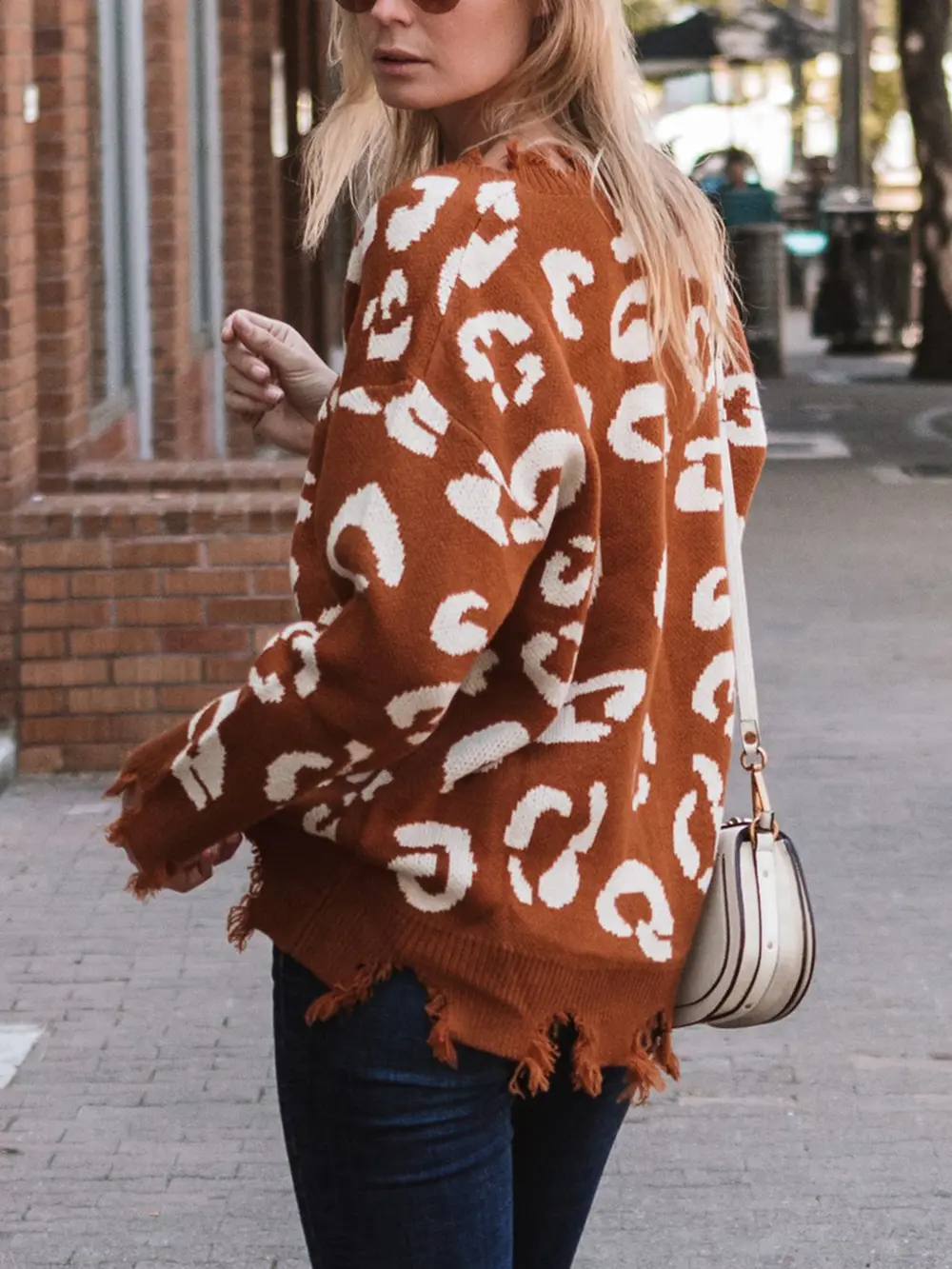 Leopard Frayed Hem Long Sleeve Sweater, image 2