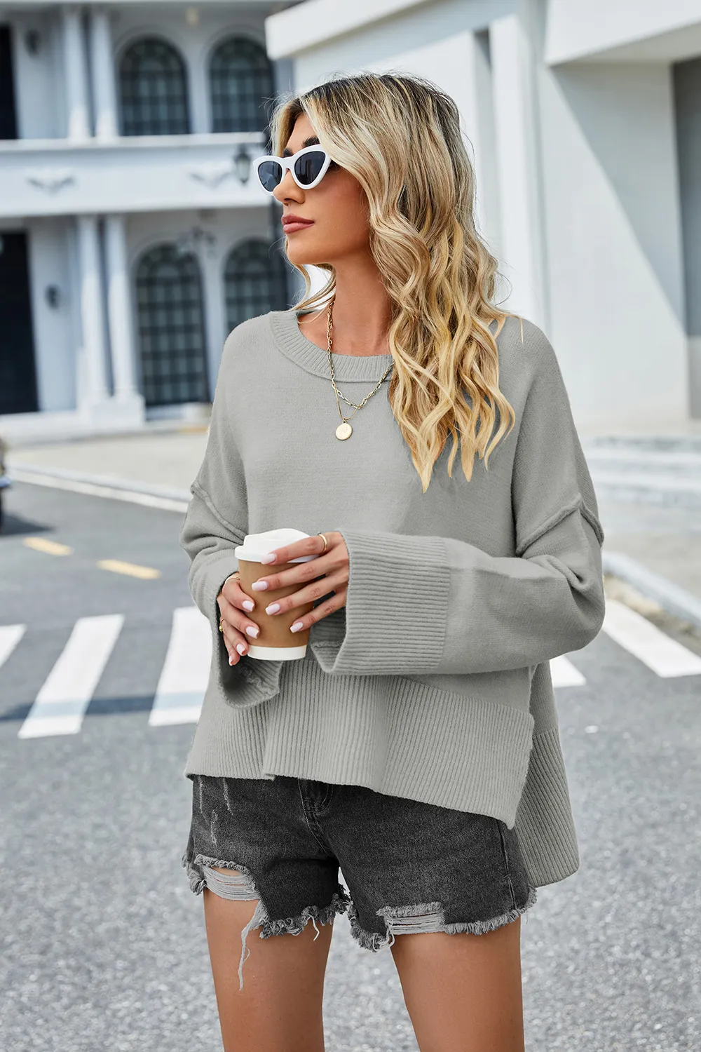 High-Low Slit Round Neck Long Sleeve Sweater, image 13