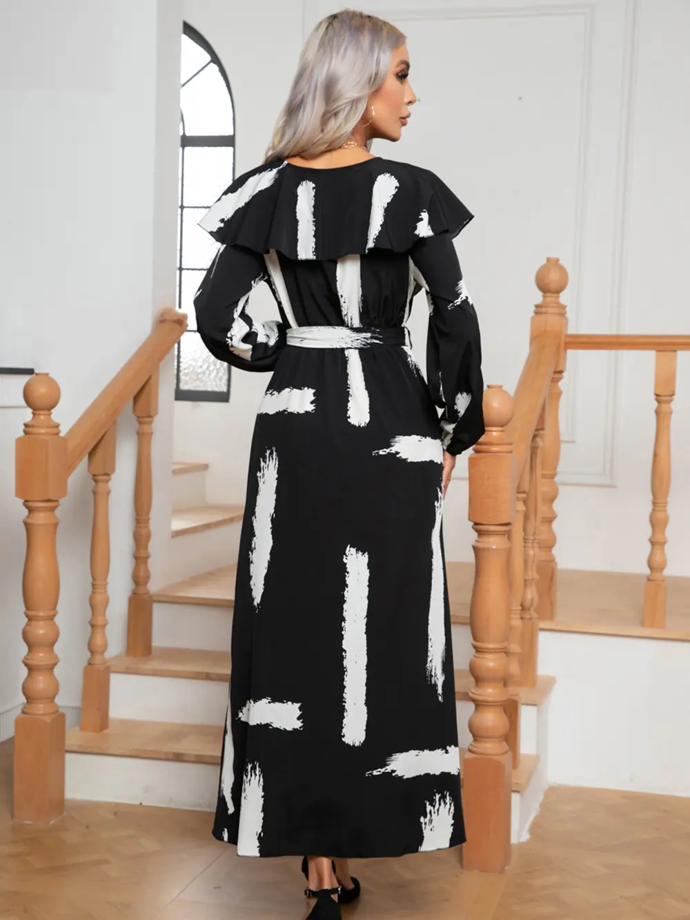 Printed Tie Front Ruffle Trim Long Sleeve Dress, image 2