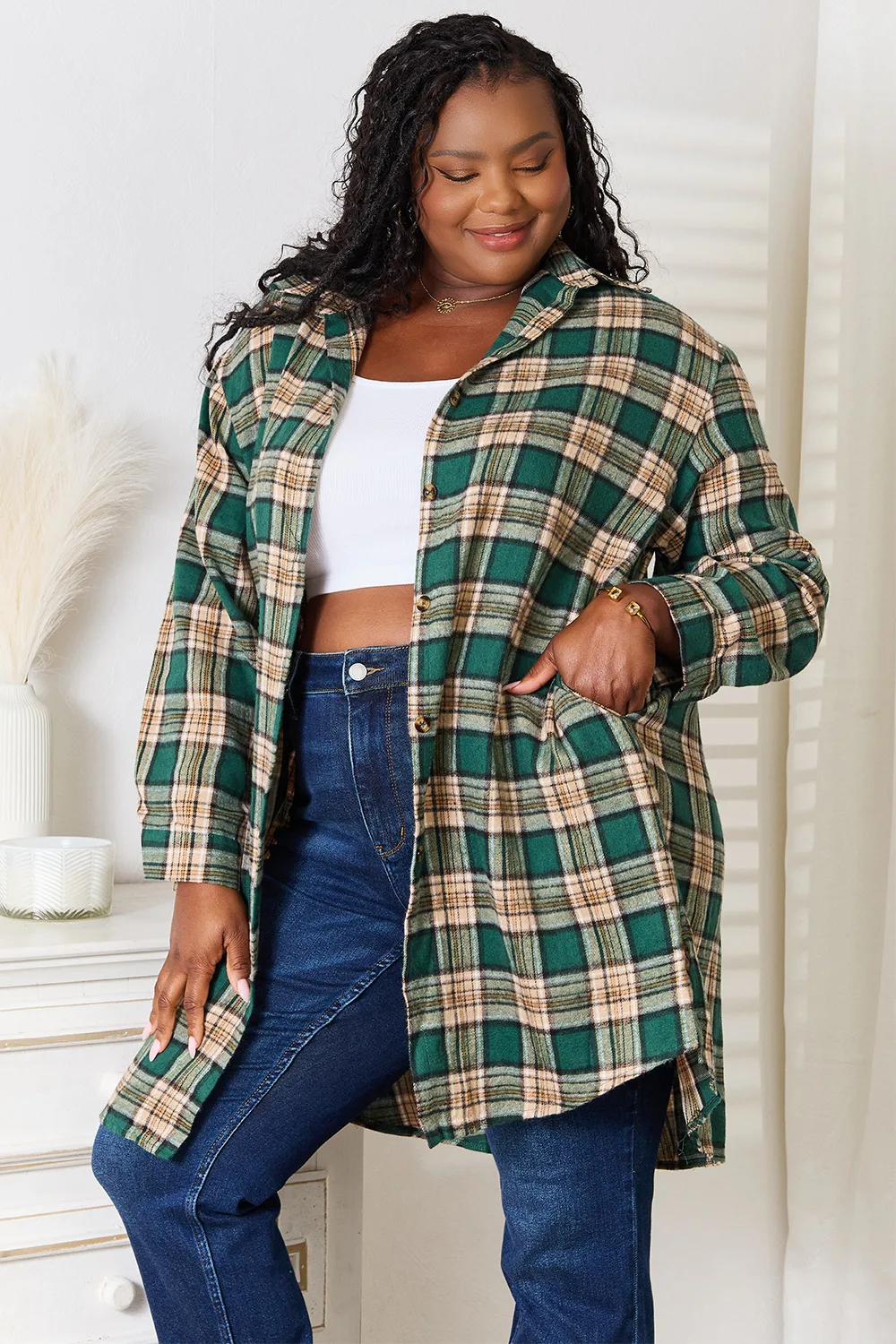 Plaid Collared Neck Long Sleeve Shirt, image 3