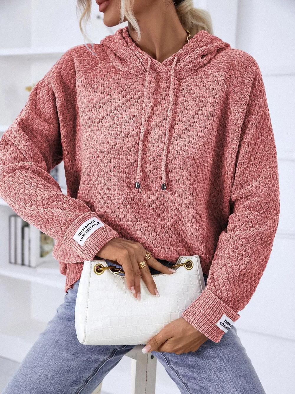 Texture Drawstring Long Sleeve Hooded Sweater, image 4