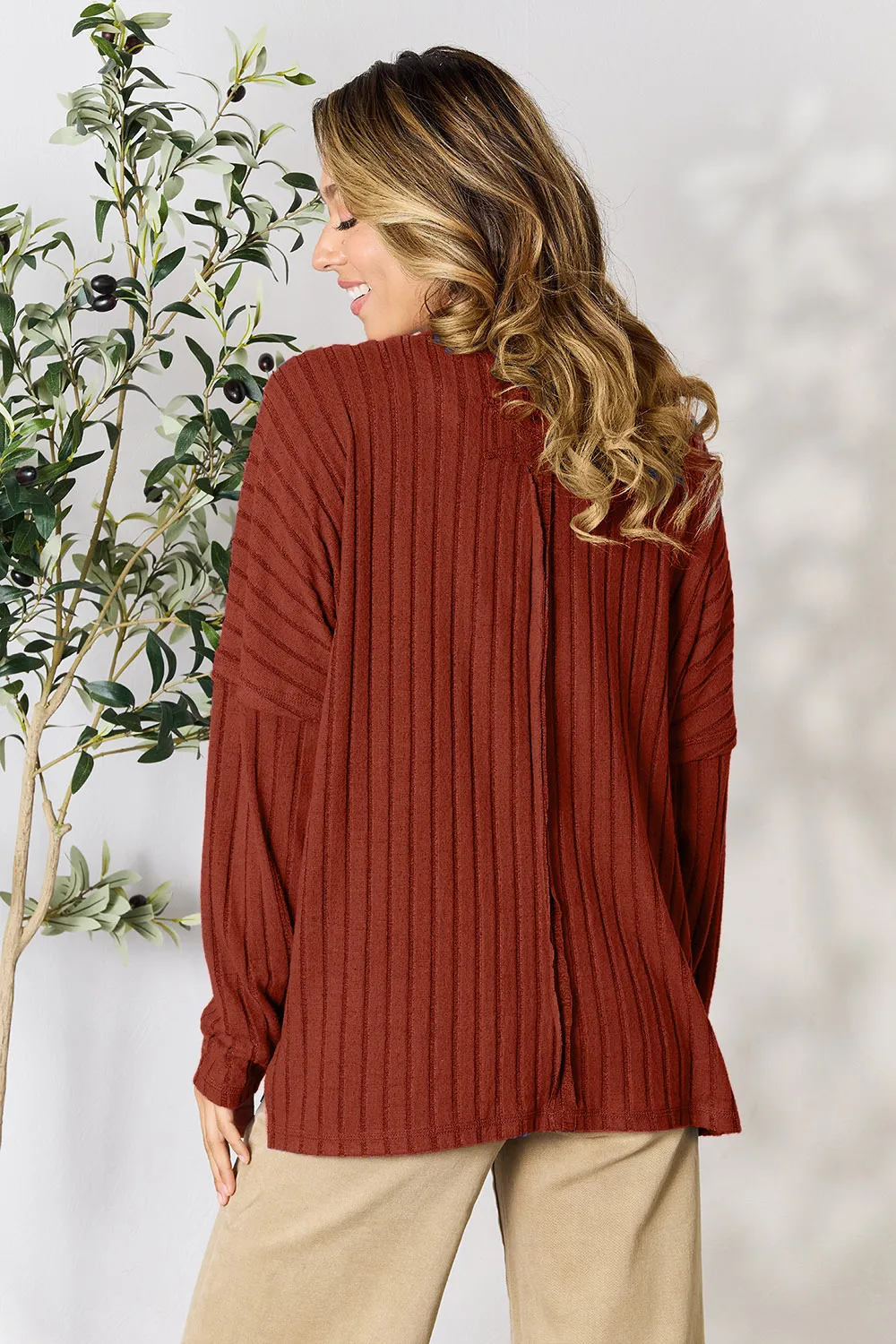 Full Size Ribbed Round Neck Slit Knit Top, image 7