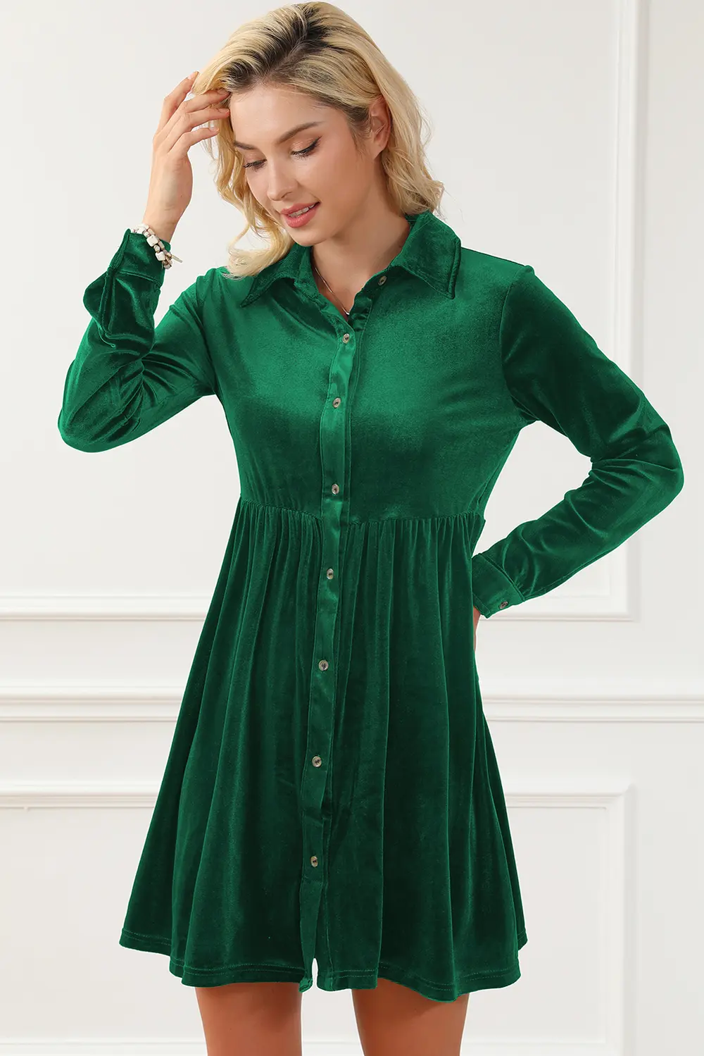 Ruched Button Up Collared Neck Long Sleeve Shirt Dress, image 2