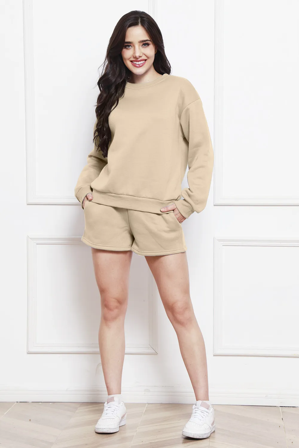 Round Neck Long Sleeve Sweatshirt and Drawstring Shorts Set