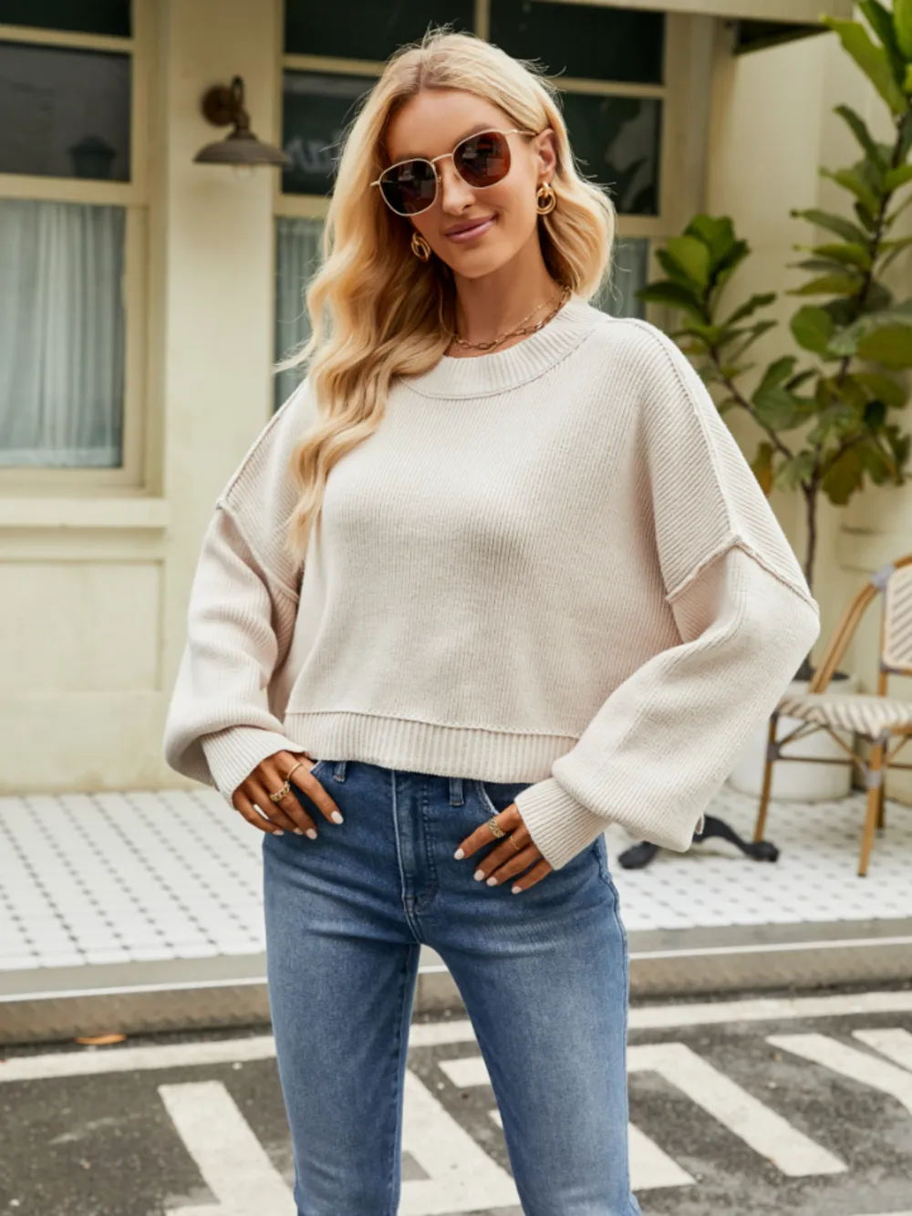 Round Neck Lantern Sleeve Sweater, image 2