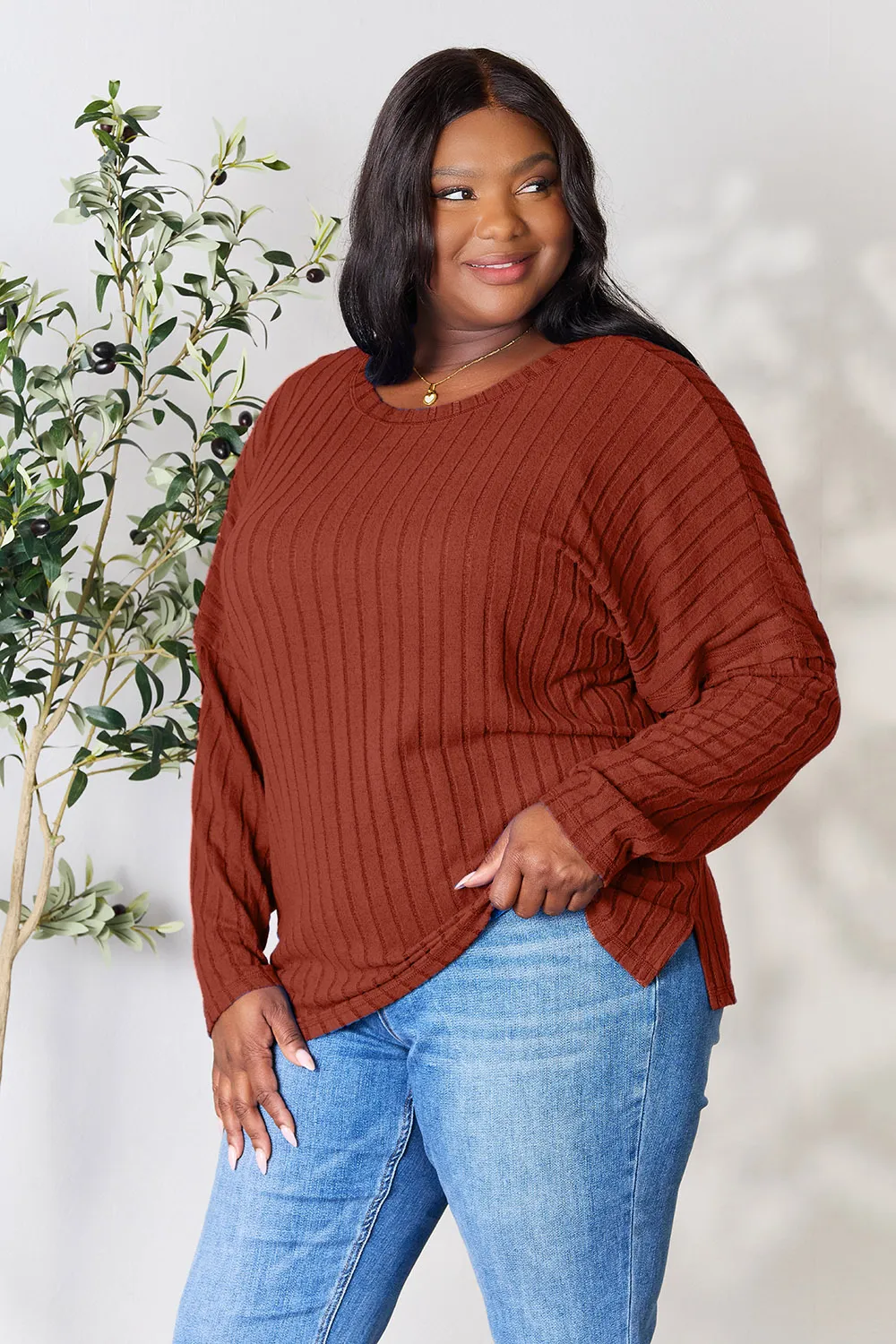 Full Size Ribbed Round Neck Slit Knit Top, image 8