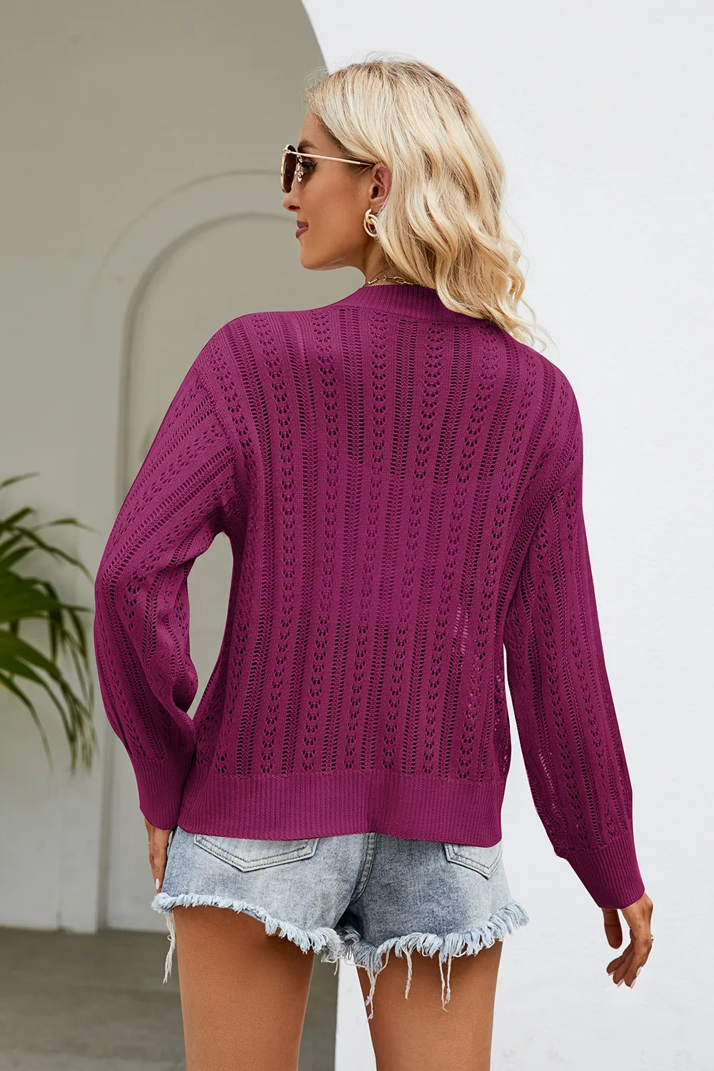 Openwork Button Front V-Neck Cardigan, image 2