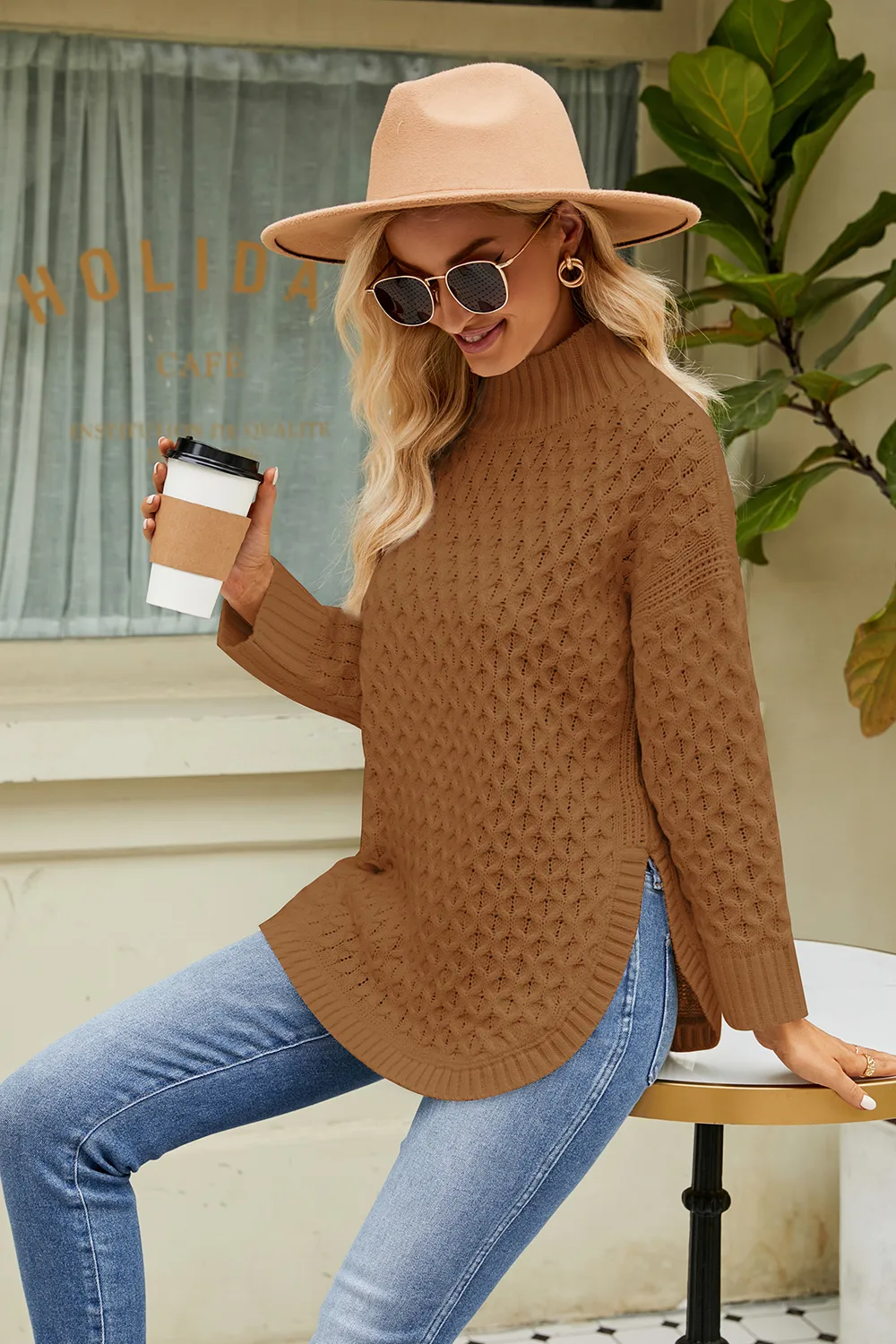 Slit Long Sleeve Mock Neck Sweater, image 9