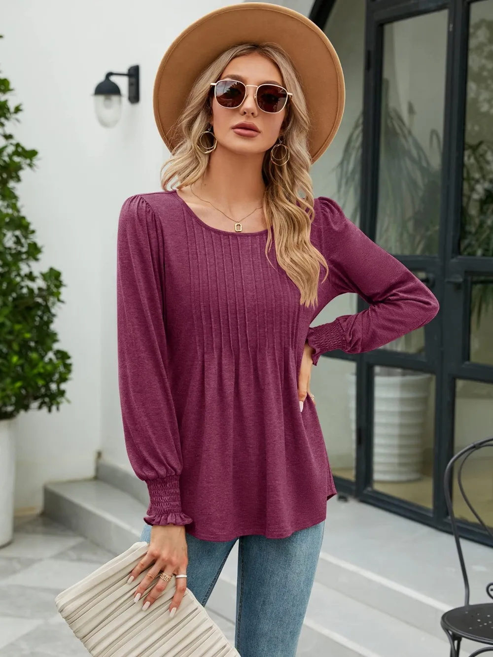 Smocked Round Neck Lantern Sleeve Blouse, image 13