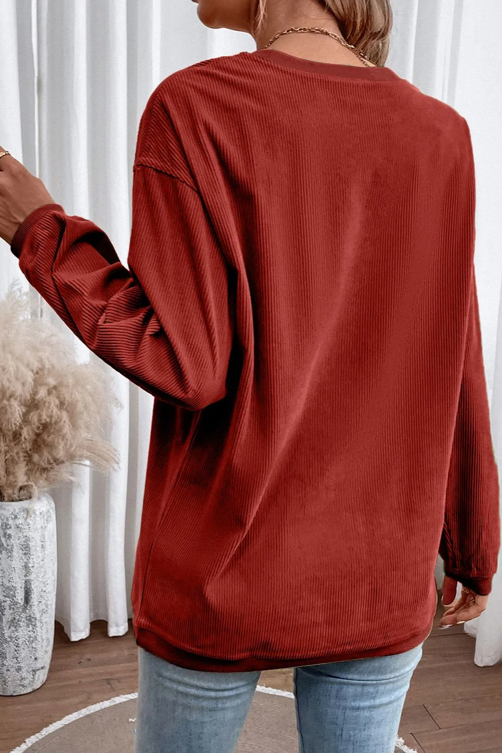 Ribbed Round Neck Drop Shoulder Sweatshirt, image 6