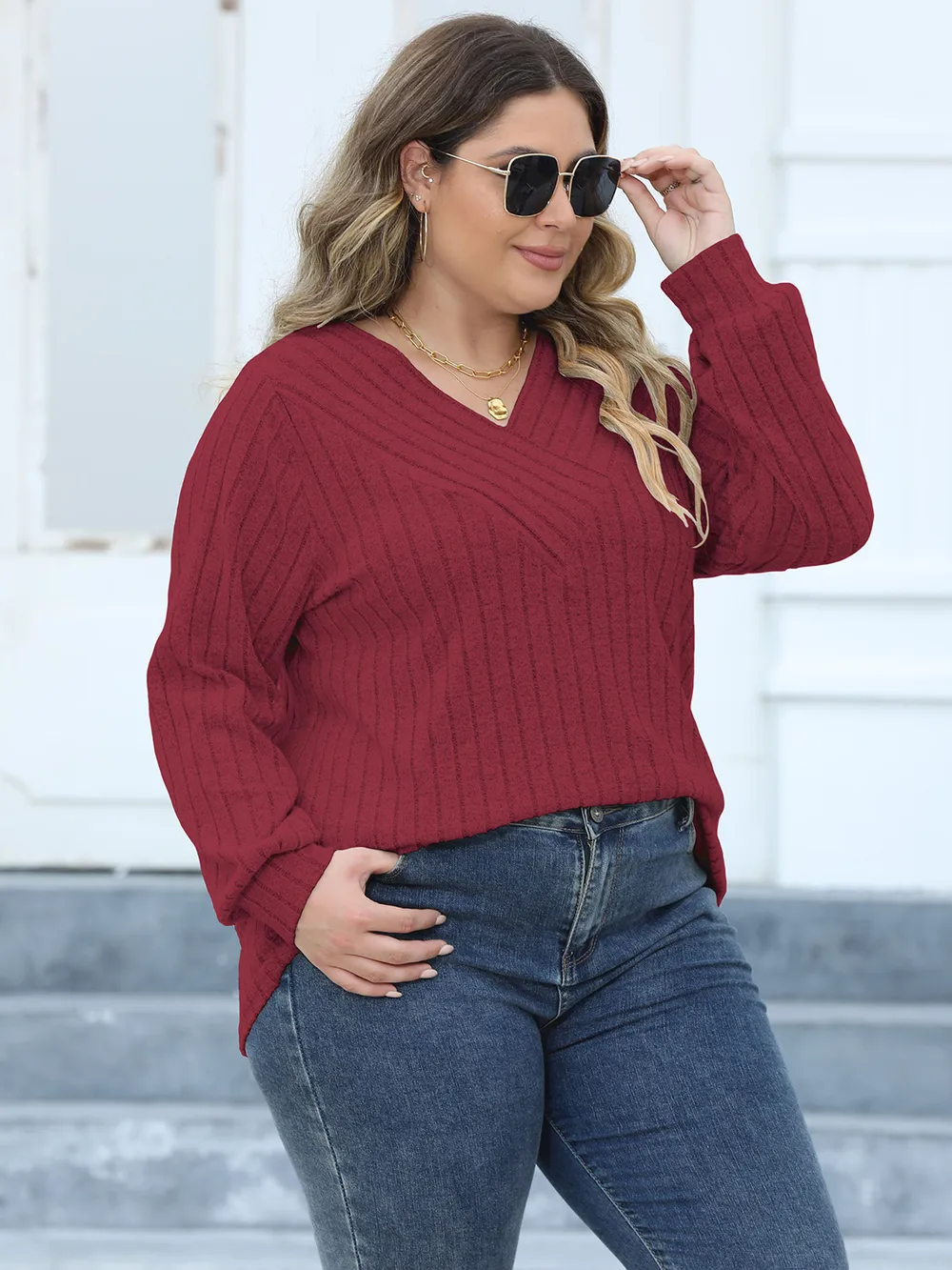 Plus Size Ribbed V-Neck Long Sleeve Top, image 6