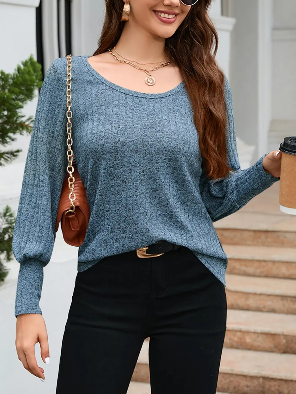 Ribbed Round Neck Lantern Sleeve Knit Top, image 4