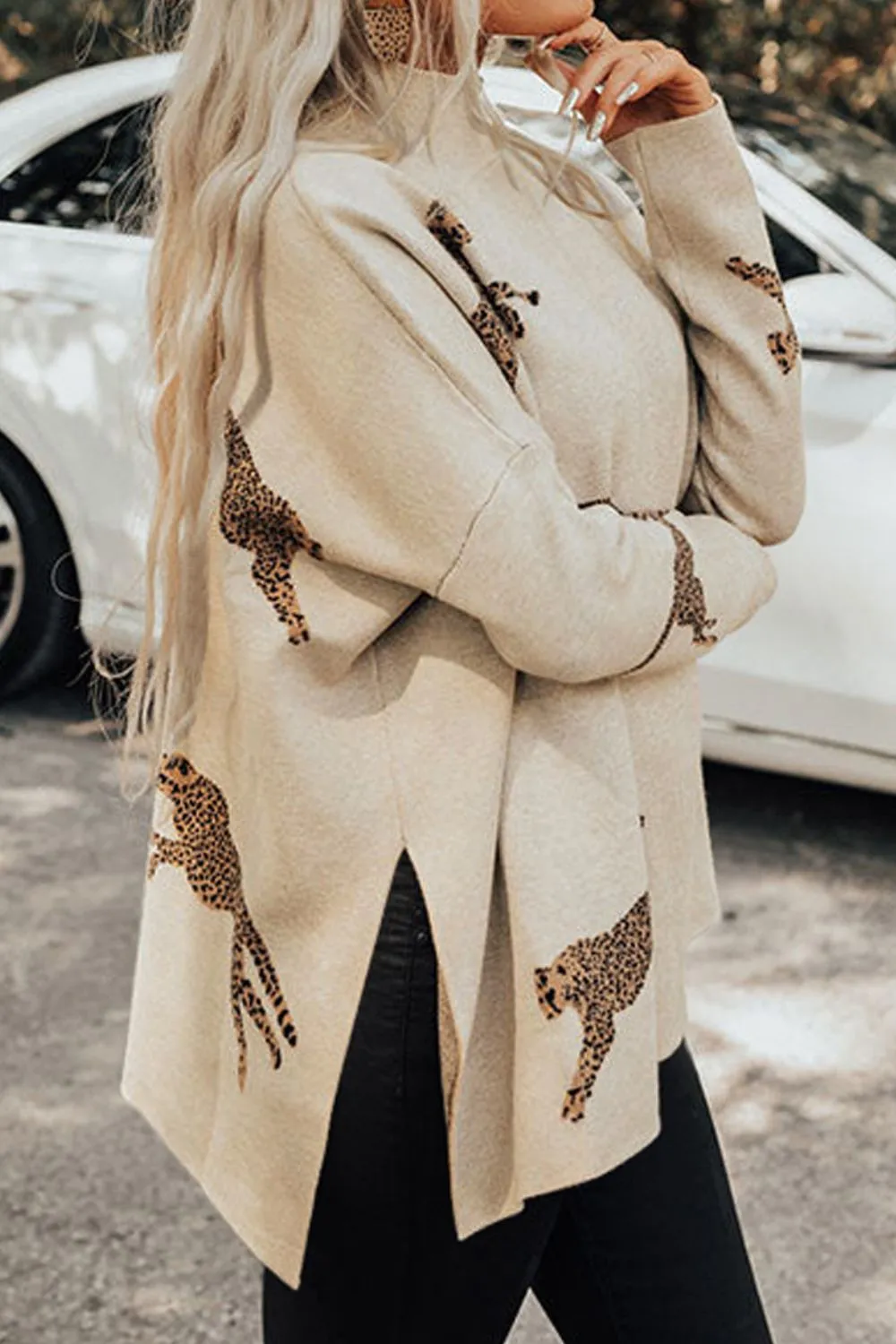 Animal Pattern Mock Neck Long Sleeve Slit Sweater, image 2