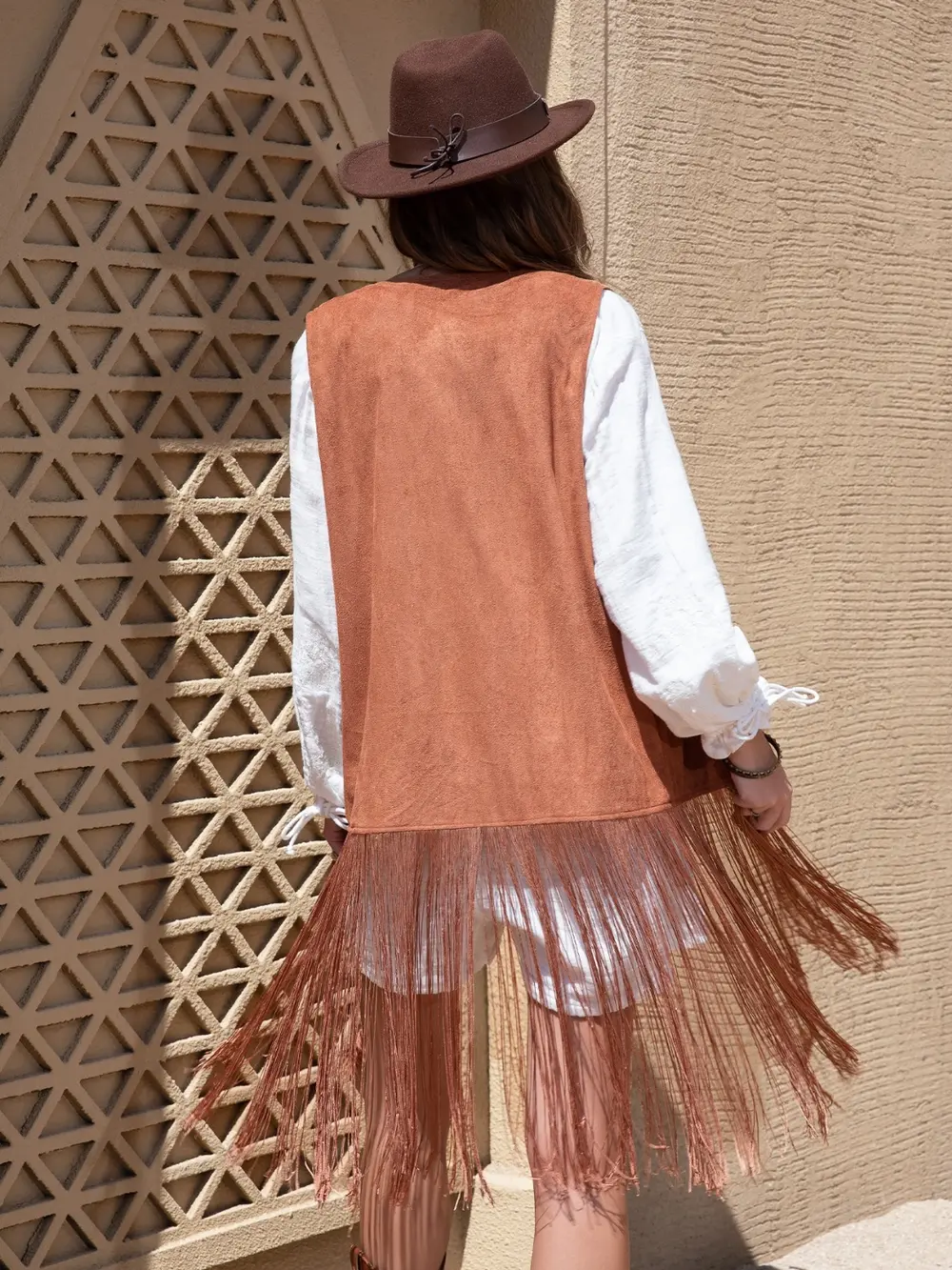 Faux Suede Fringe Hem Open Front Vest, image 5