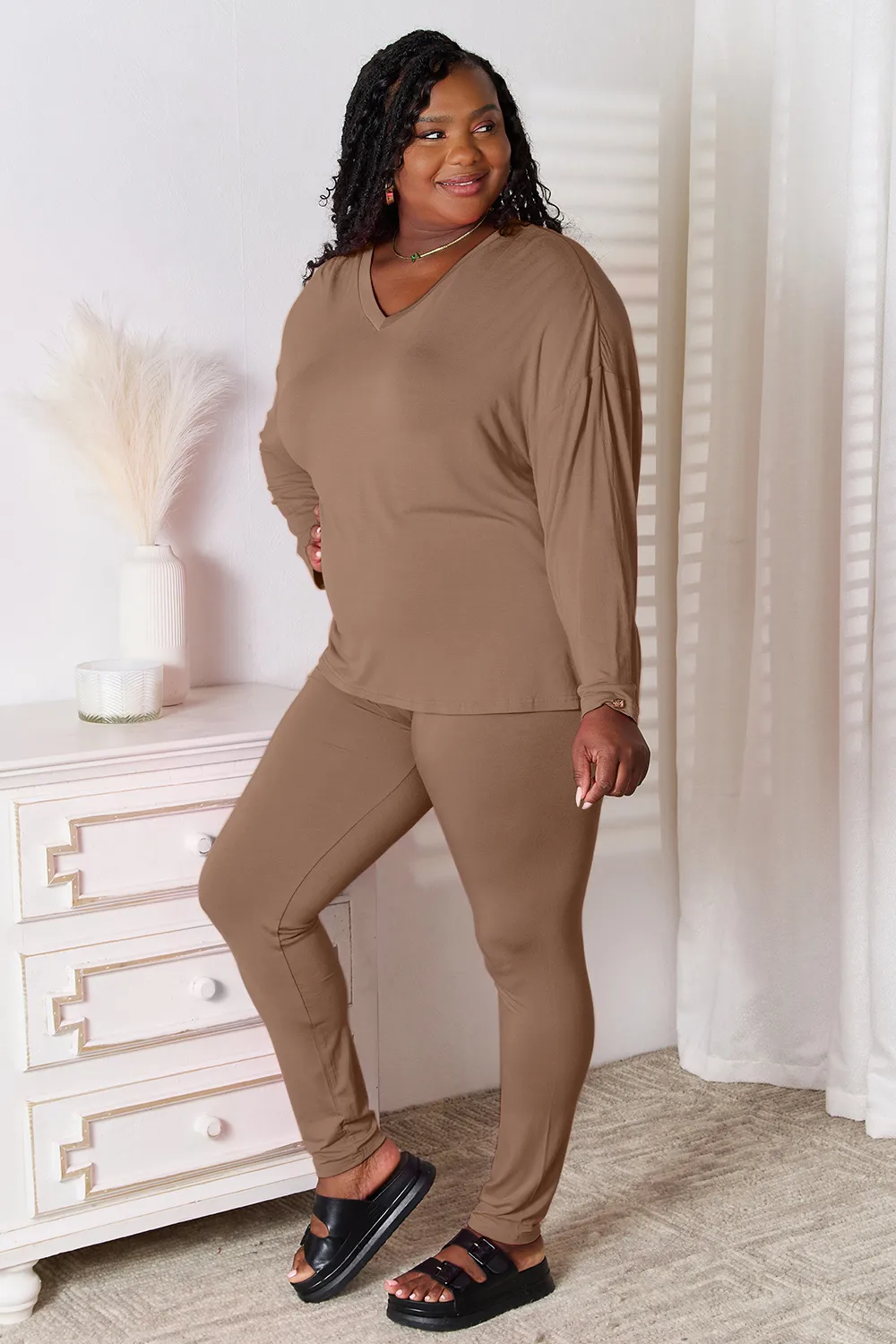 Full Size V-Neck Soft Rayon Long Sleeve Top and Pants Lounge Set, image 5