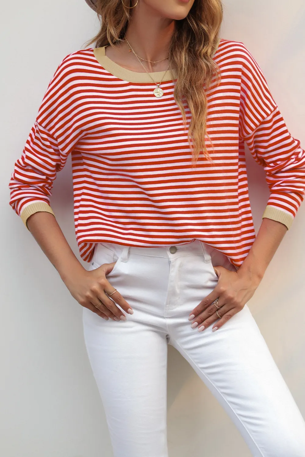 Striped Round Neck Drop Shoulder T-Shirt, image 3