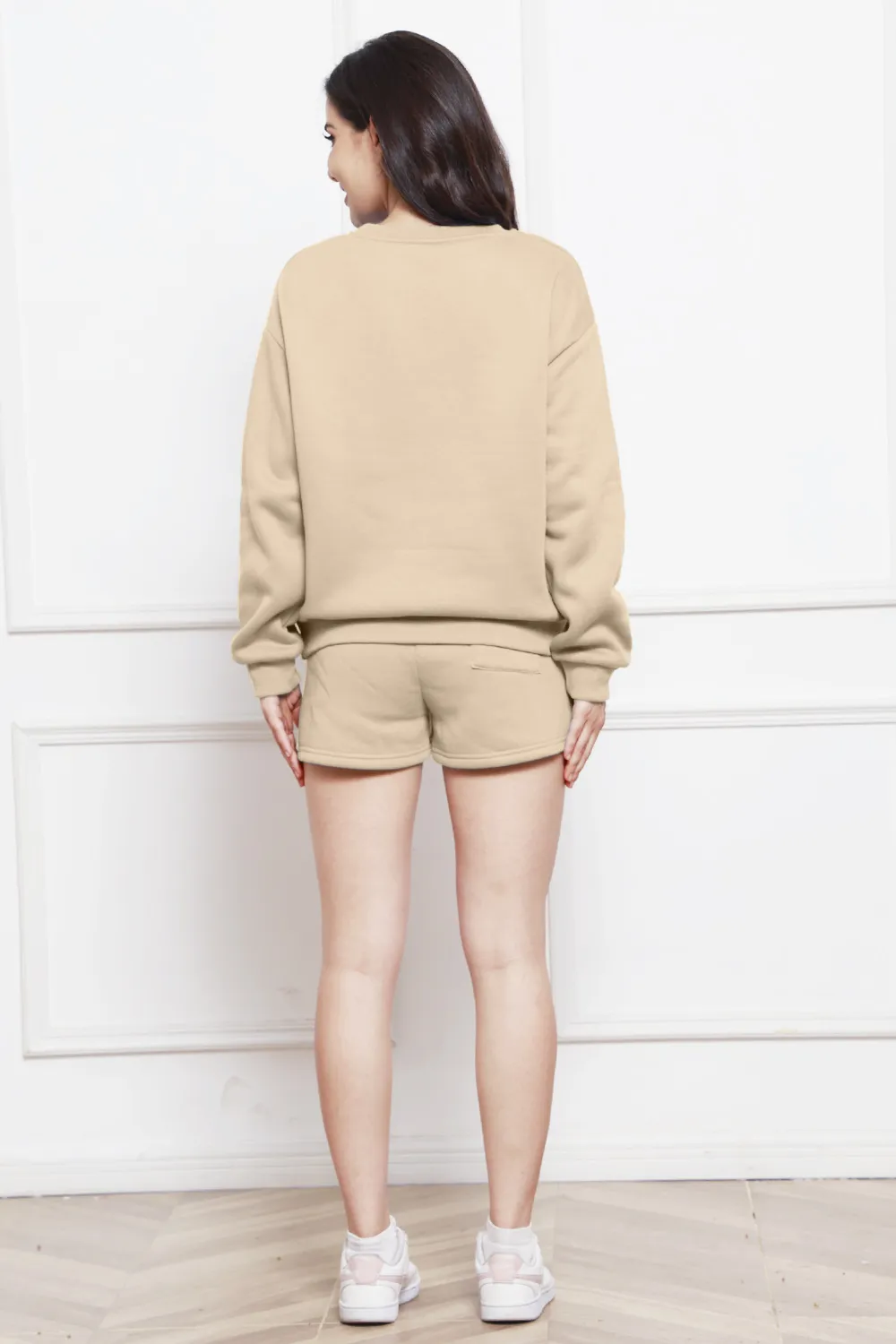 Round Neck Long Sleeve Sweatshirt and Drawstring Shorts Set, image 21