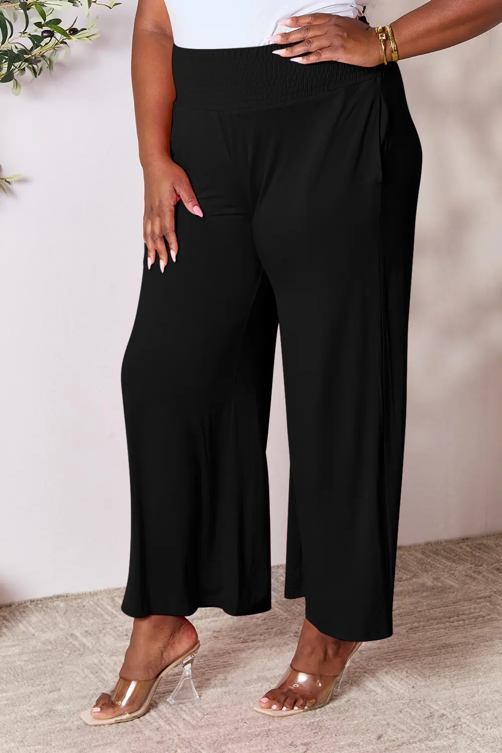 Full Size Smocked Wide Waistband Wide Leg Pants, image 4