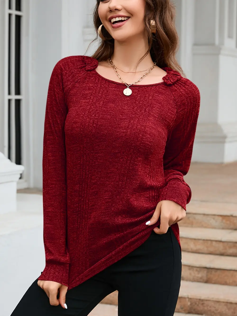 Texture Round Neck Long Sleeve Knit Top, image 10