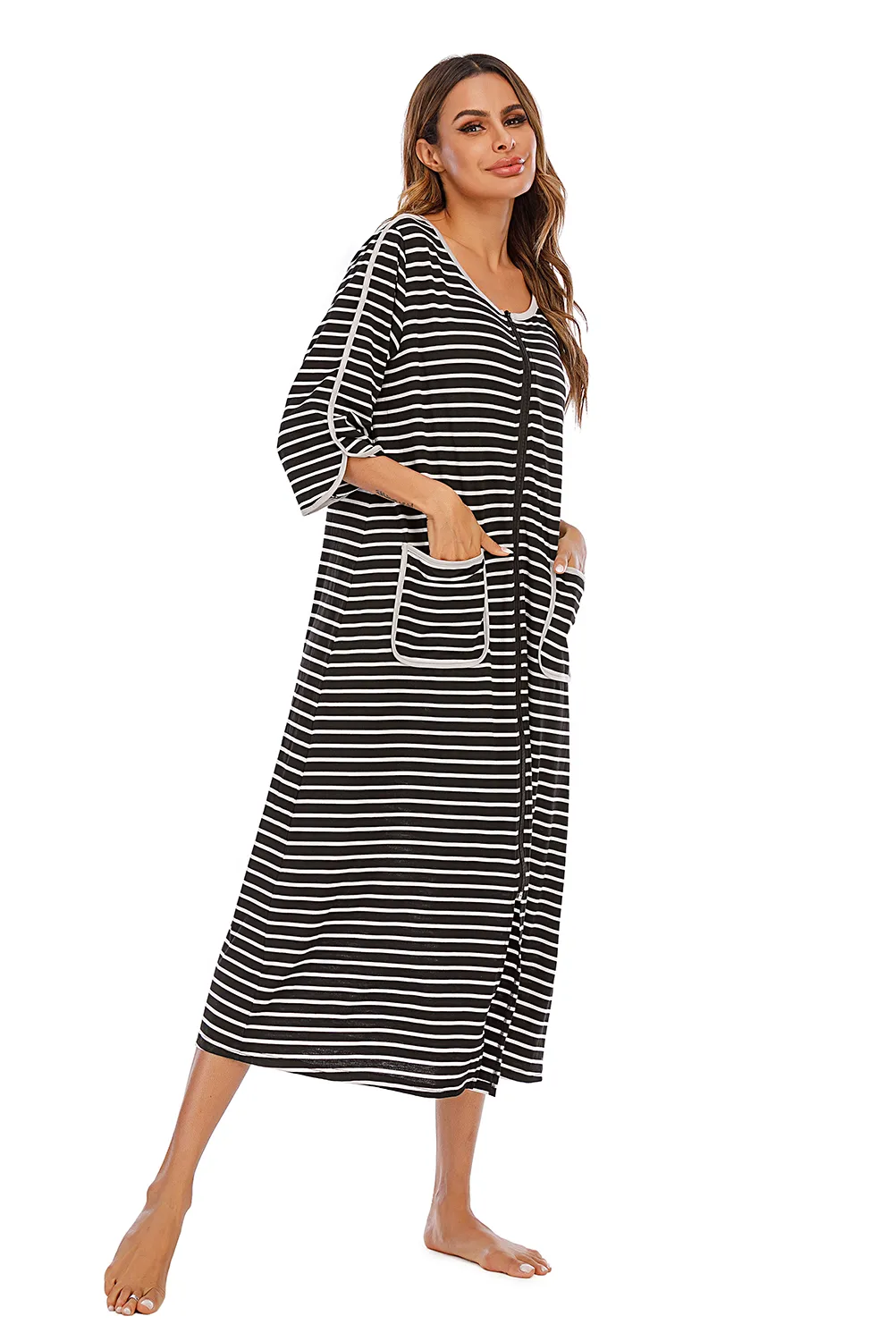 Round Neck Three-Quarter Sleeve Midi Night Dress, image 17