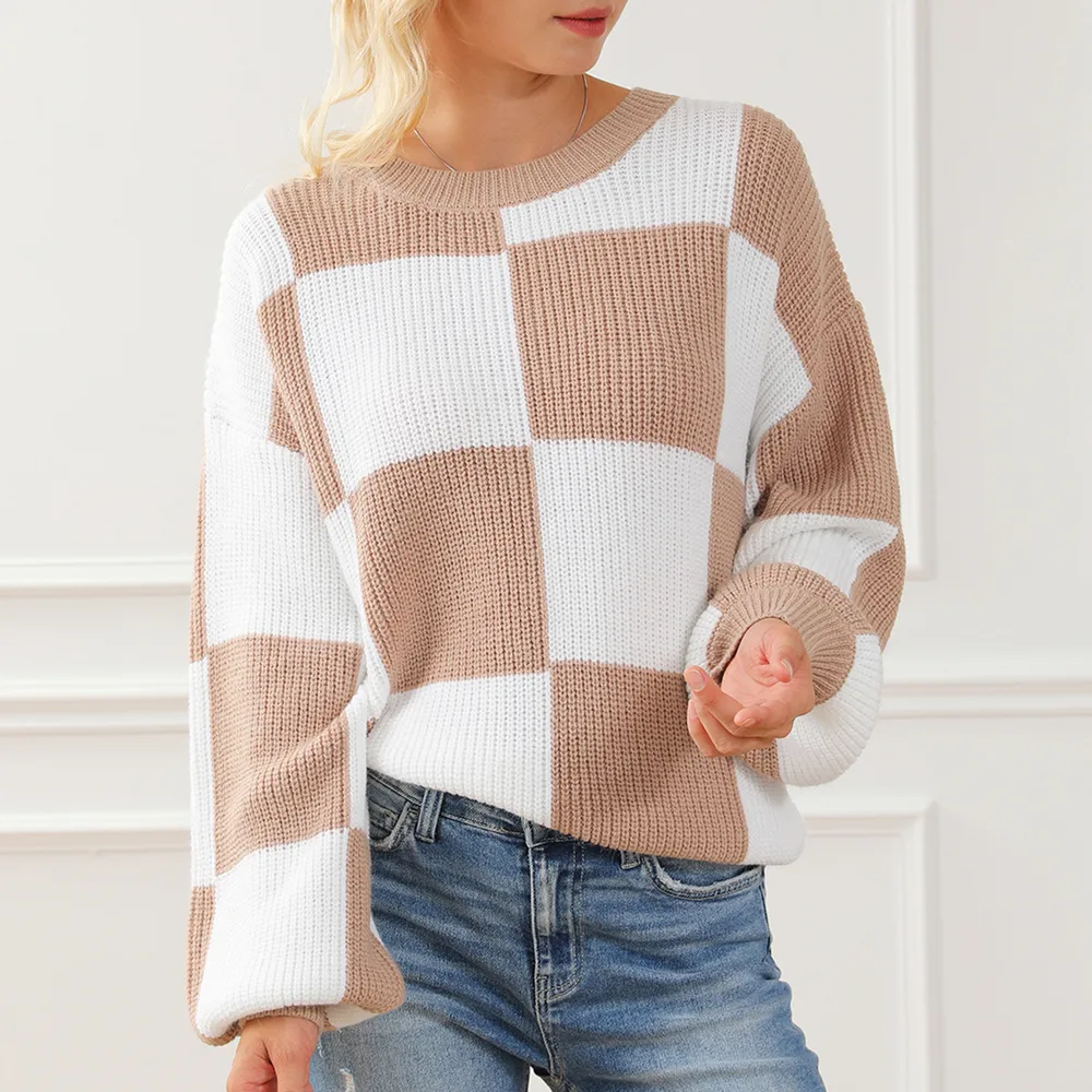 Checkered Round Neck Drop Shoulder Long Sleeve Sweater, image 3