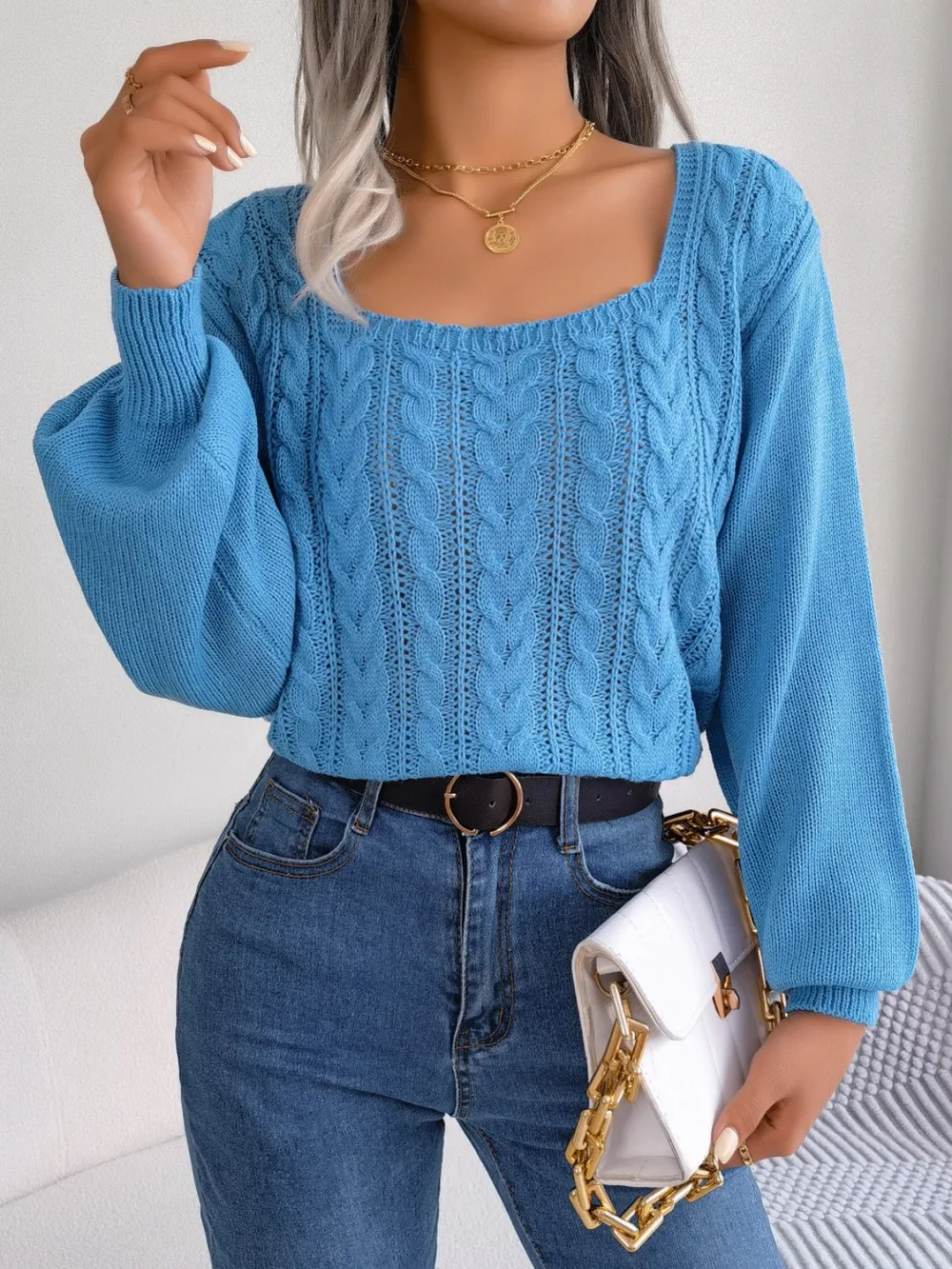 Cable-Knit Square Neck Long Sleeve Sweater, image 6