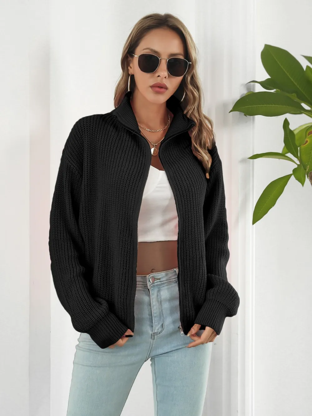 Turtleneck Zip Up Long Sleeve Knit Top, image 11