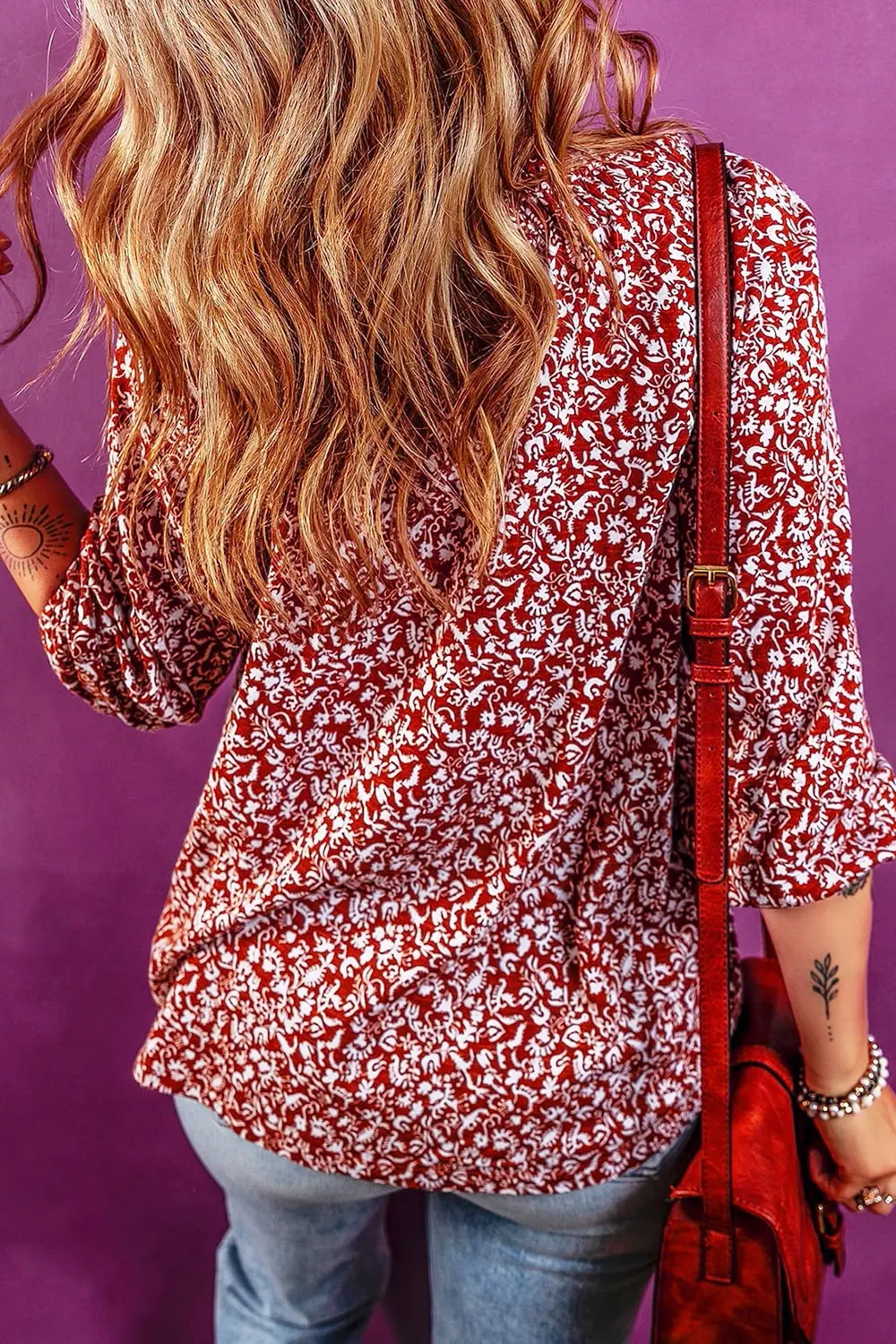 Printed Tie Neck Balloon Sleeve Blouse, image 3