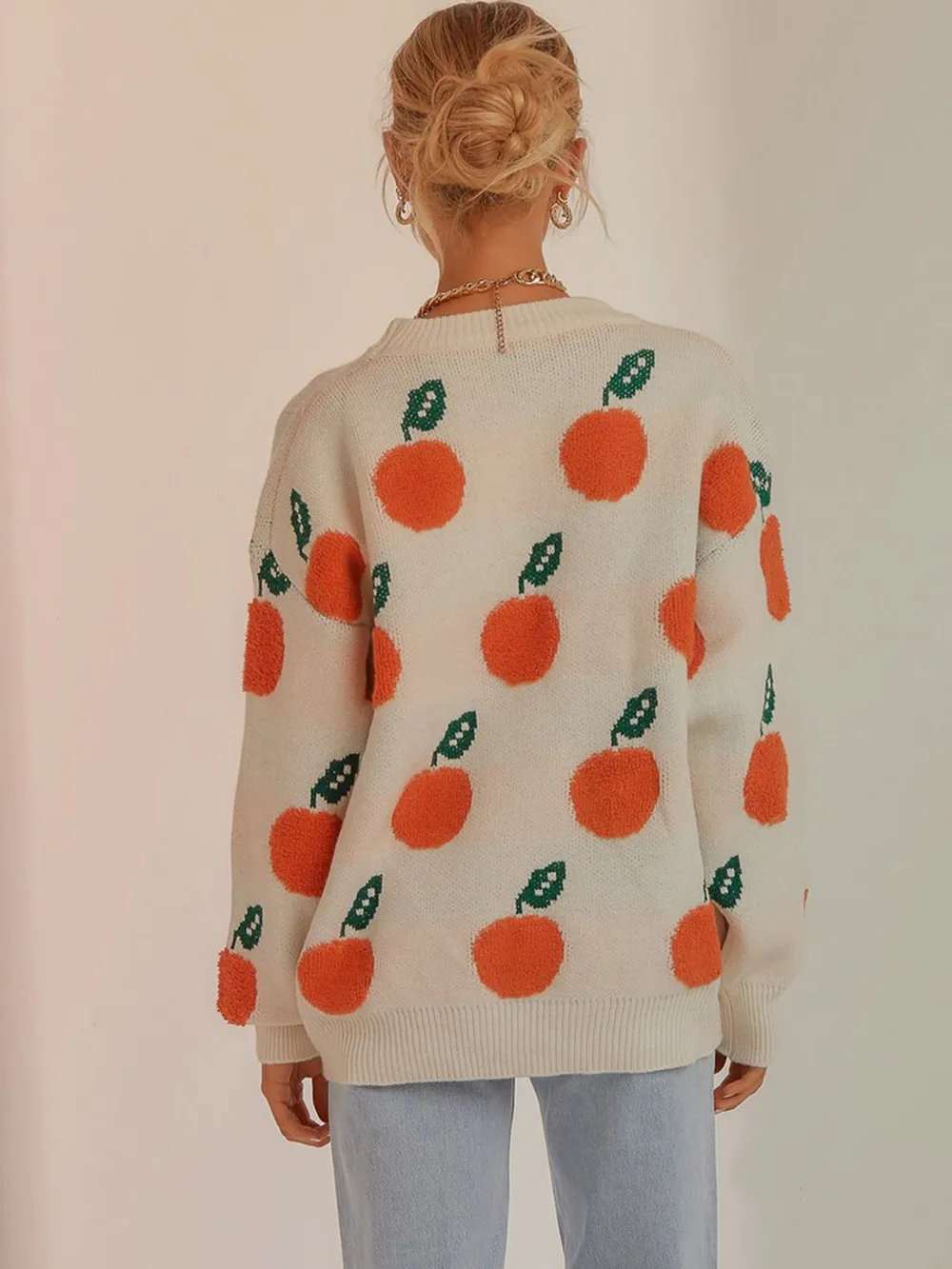 Printed Round Neck Drop Shoulder Sweater, image 2