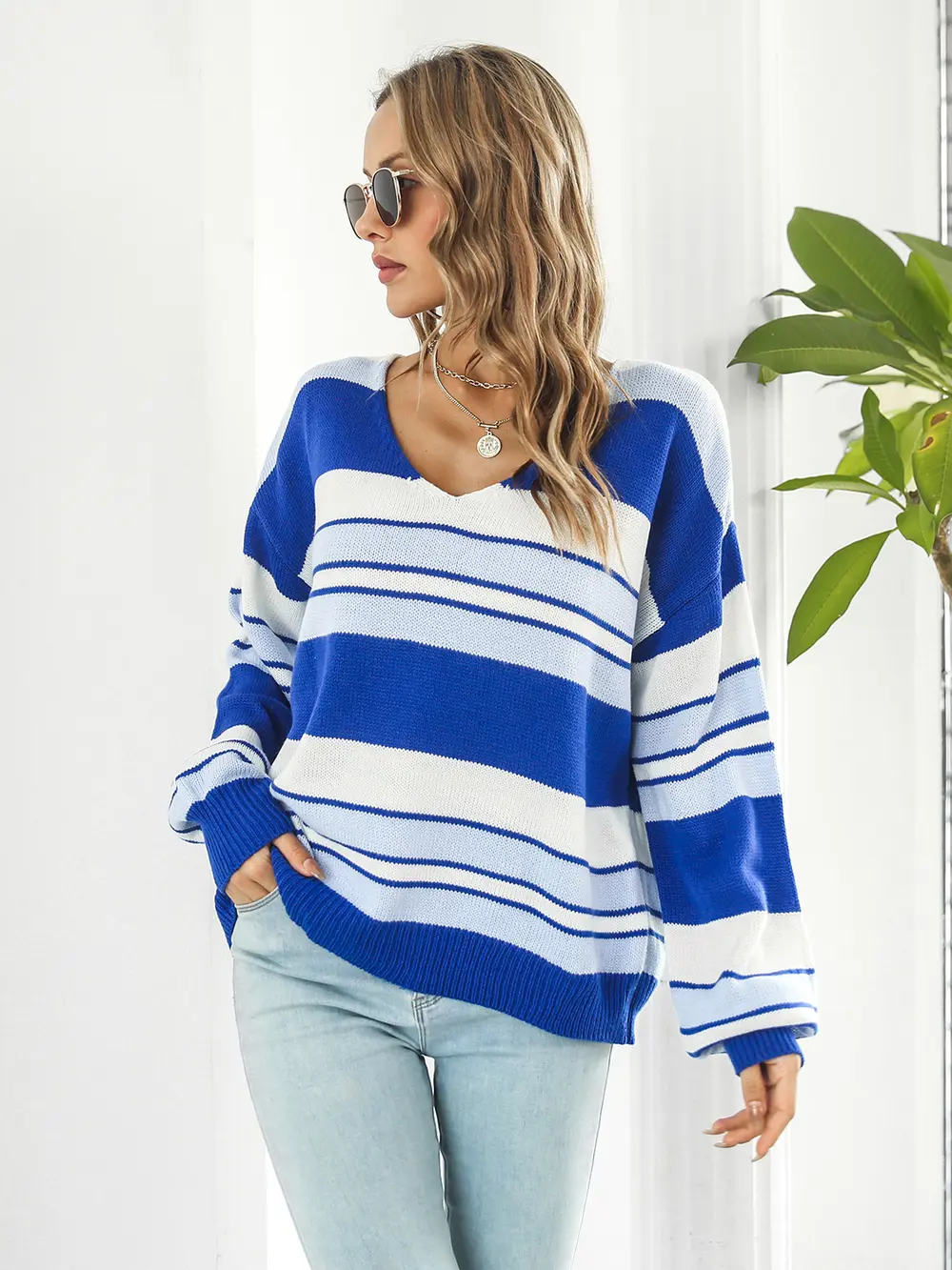 Striped V-Neck Long Sleeve Knit Top, image 6