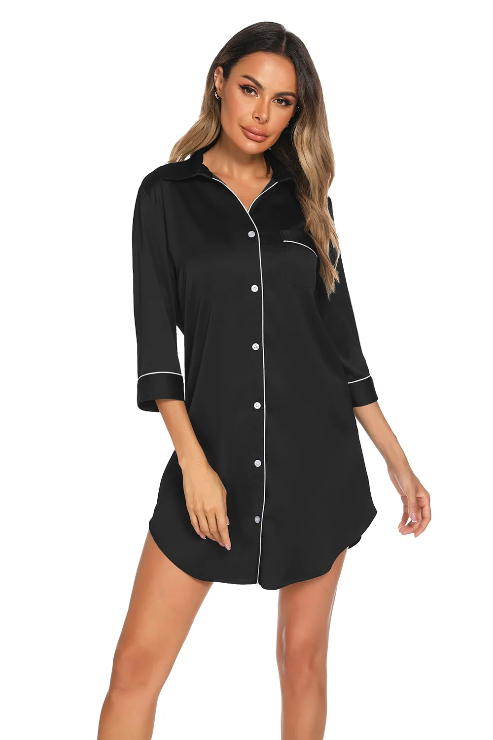 Button Up Collared Neck Night Dress with Pocket, image 3