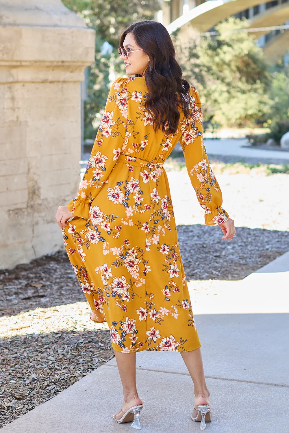 Full Size Floral Tie Back Flounce Sleeve Dress, image 2