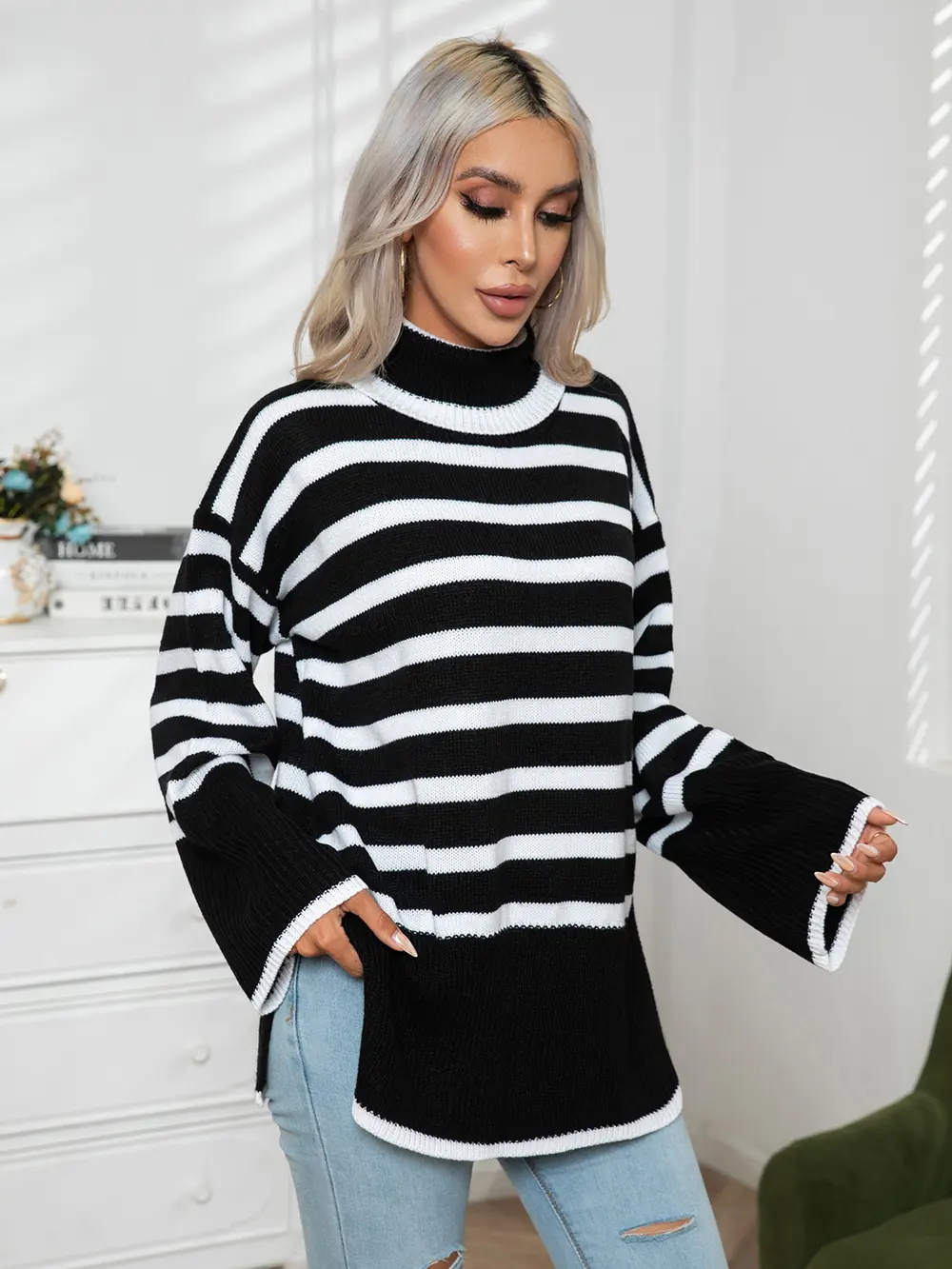 Striped Slit Turtleneck Drop Shoulder Sweater, image 2