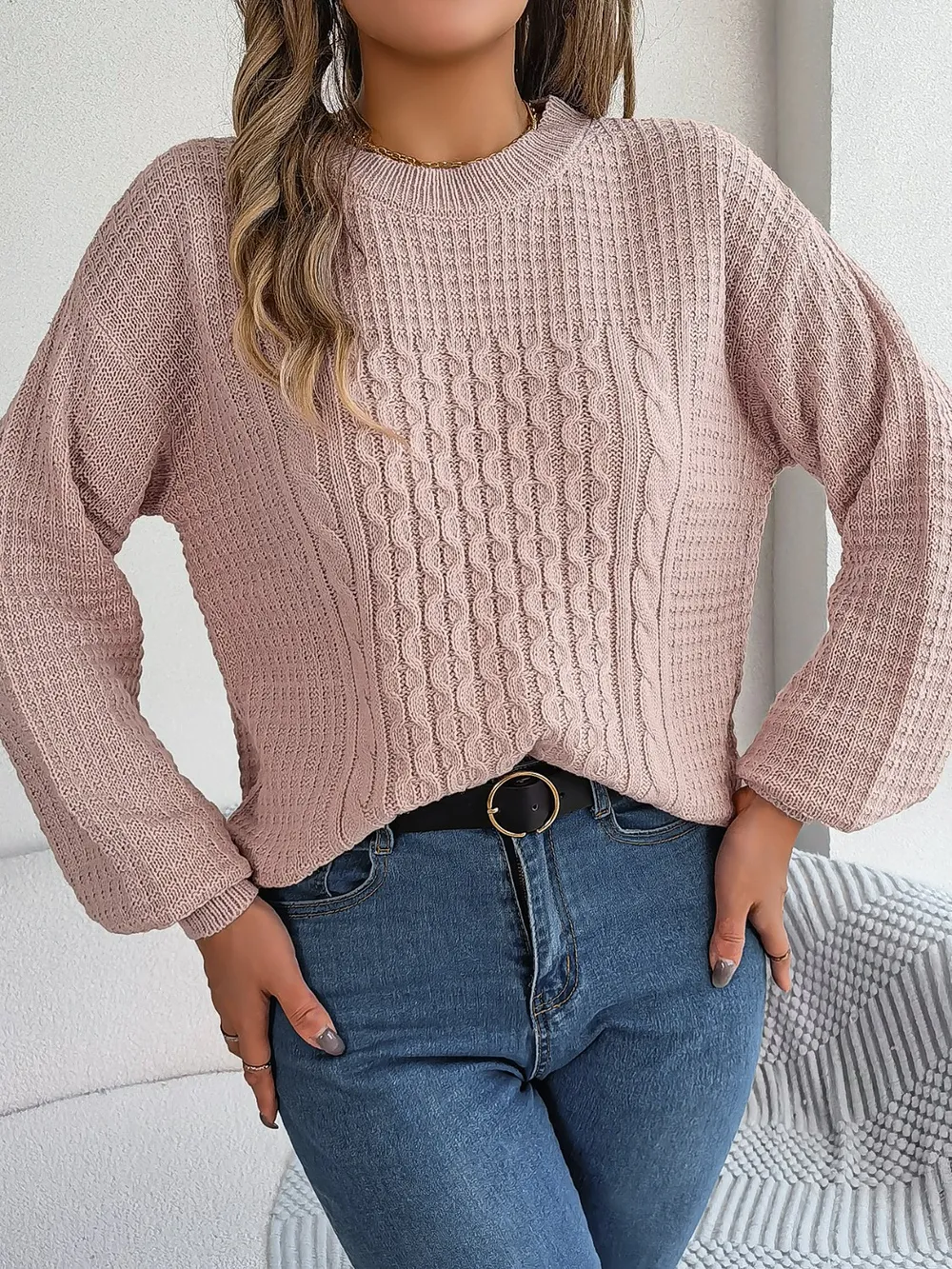 Cable-Knit Round Neck Long Sleeve Sweater, image 3