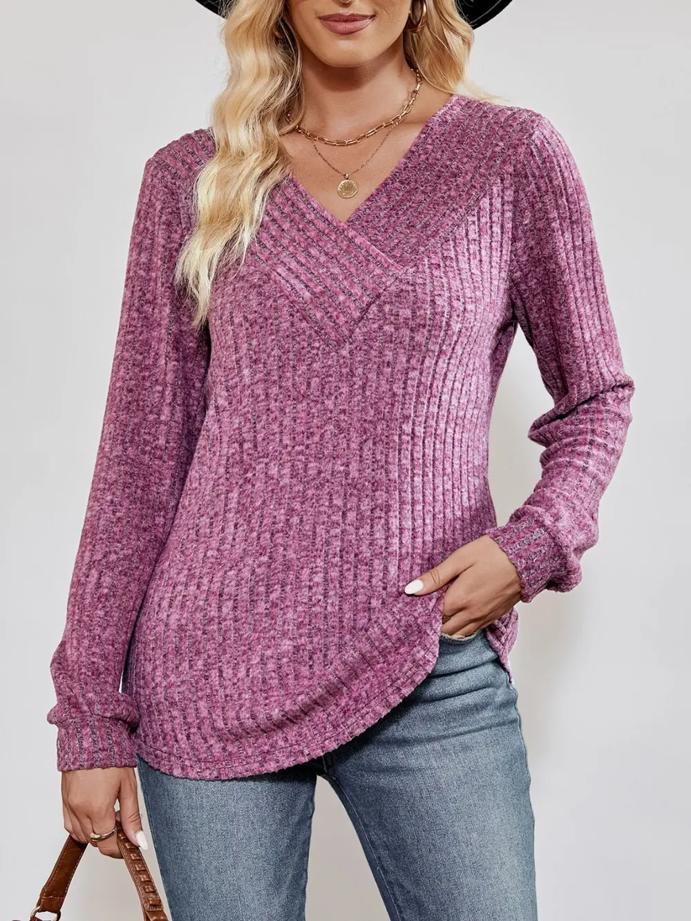 V-Neck Ribbed Long Sleeve Top, image 2