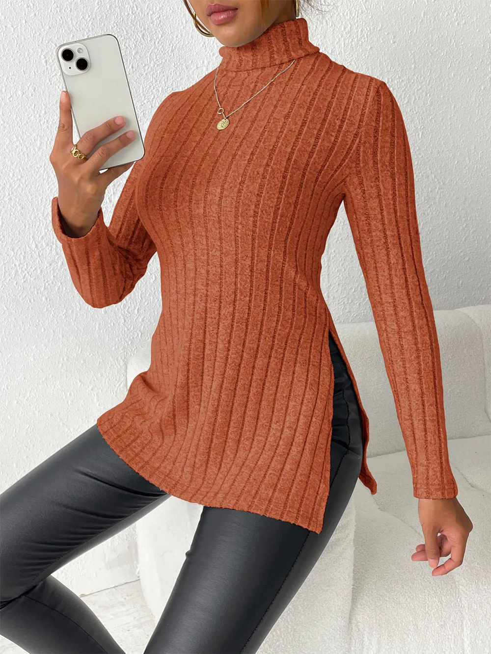Ribbed Turtleneck Long Sleeve Slit T-Shirt, image 15