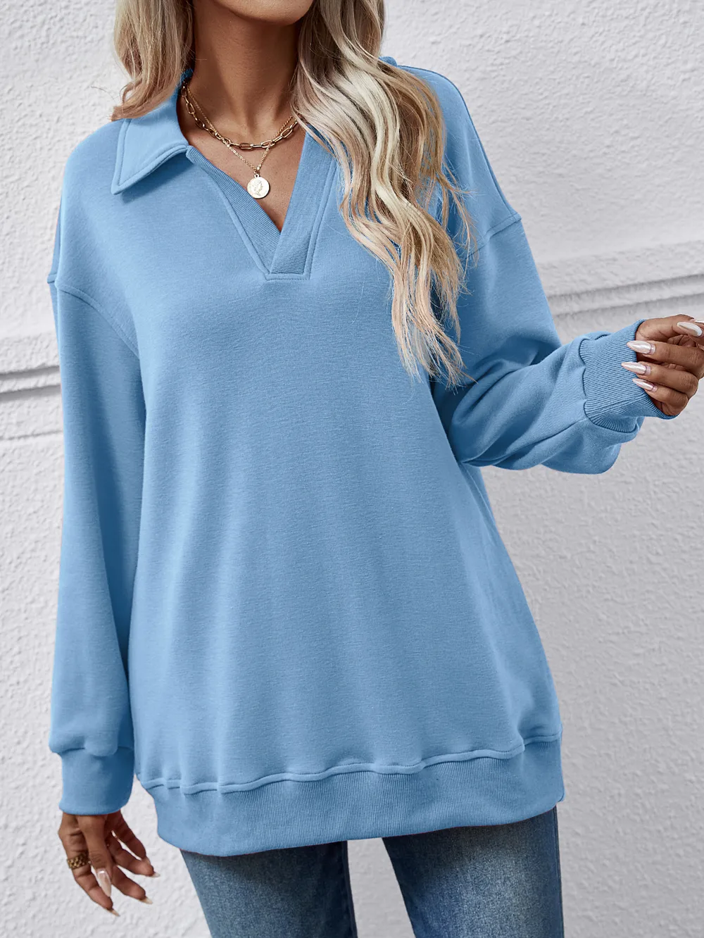 Collared Neck Dropped Shoulder Sweatshirt, image 4