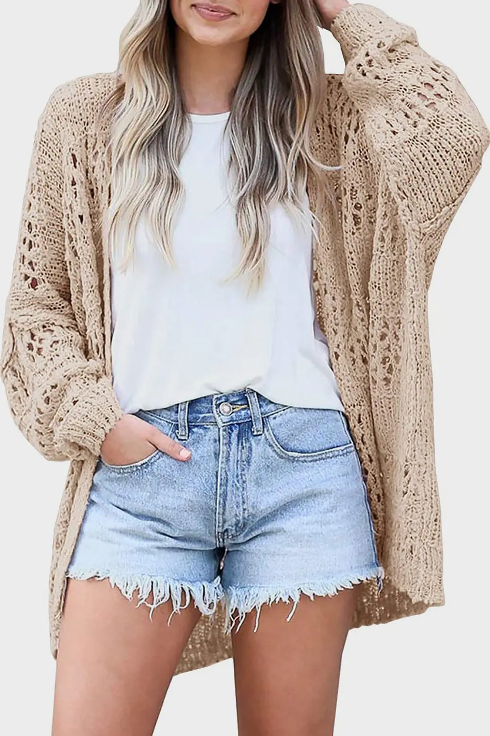 Openwork Open Front Long Sleeve Cardigan, image 4