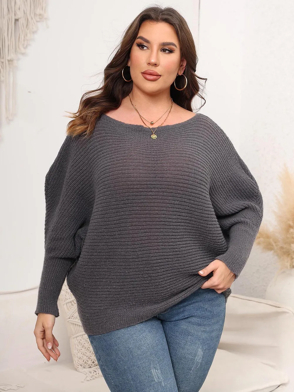 Full Size Boat Neck Batwing Sleeve Sweater, image 14